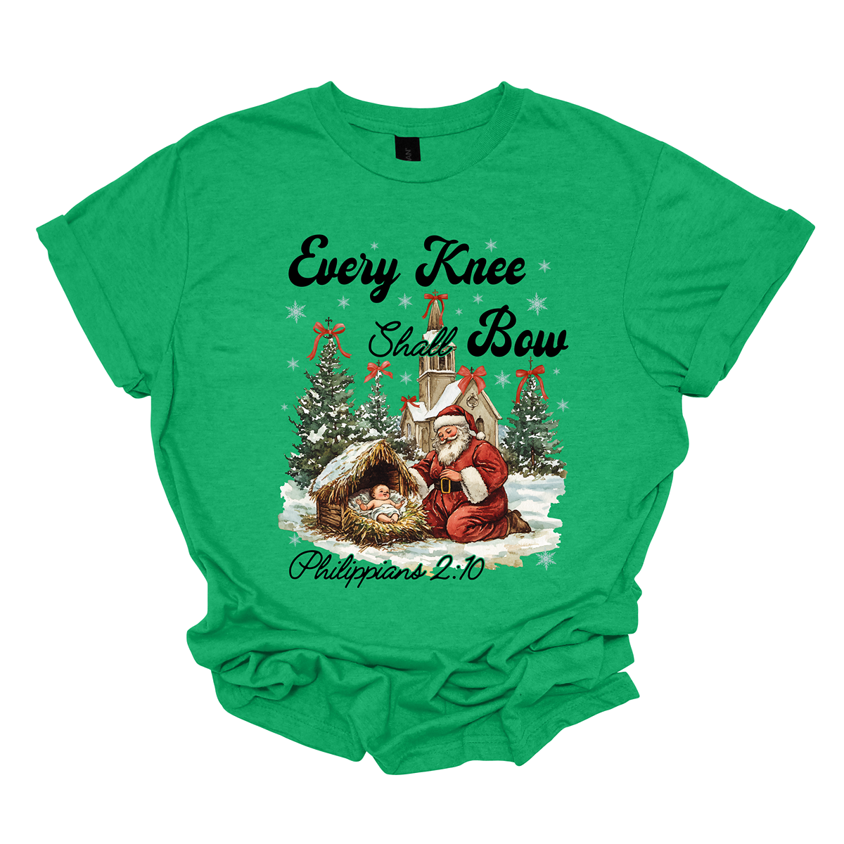 This festive and powerful apparel design features the phrase "Every Knee Shall Bow" in bold, elegant lettering, symbolizing the reverence and humility of the Christmas story. The artwork showcases Santa Claus, traditionally known for his joyful spirit, bowing down in awe before a humble manger that cradles baby Jesus. In the background, an old chapel stands as a symbol of faith, with evergreen trees adorned with festive bows, adding a touch of seasonal beauty and serenity.  Shop at Gorgeousware.com