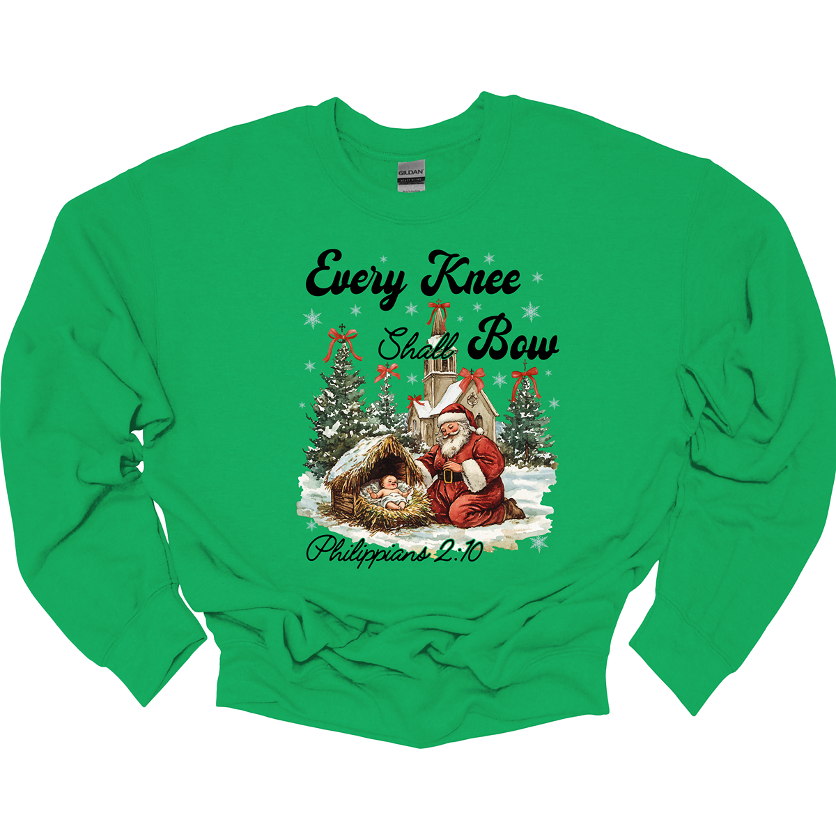 This festive and powerful apparel design features the phrase "Every Knee Shall Bow" in bold, elegant lettering, symbolizing the reverence and humility of the Christmas story. The artwork showcases Santa Claus, traditionally known for his joyful spirit, bowing down in awe before a humble manger that cradles baby Jesus. In the background, an old chapel stands as a symbol of faith, with evergreen trees adorned with festive bows, adding a touch of seasonal beauty and serenity.  Shop at Gorgeousware.com