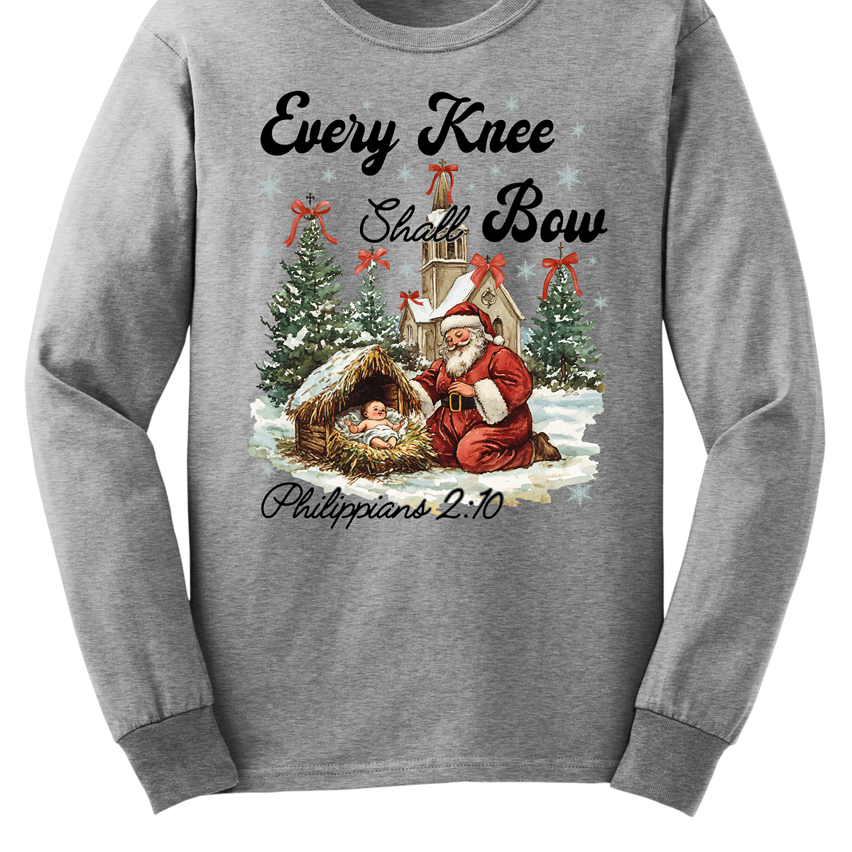 This festive and powerful apparel design features the phrase "Every Knee Shall Bow" in bold, elegant lettering, symbolizing the reverence and humility of the Christmas story. The artwork showcases Santa Claus, traditionally known for his joyful spirit, bowing down in awe before a humble manger that cradles baby Jesus. In the background, an old chapel stands as a symbol of faith, with evergreen trees adorned with festive bows, adding a touch of seasonal beauty and serenity.  Shop at Gorgeousware.com