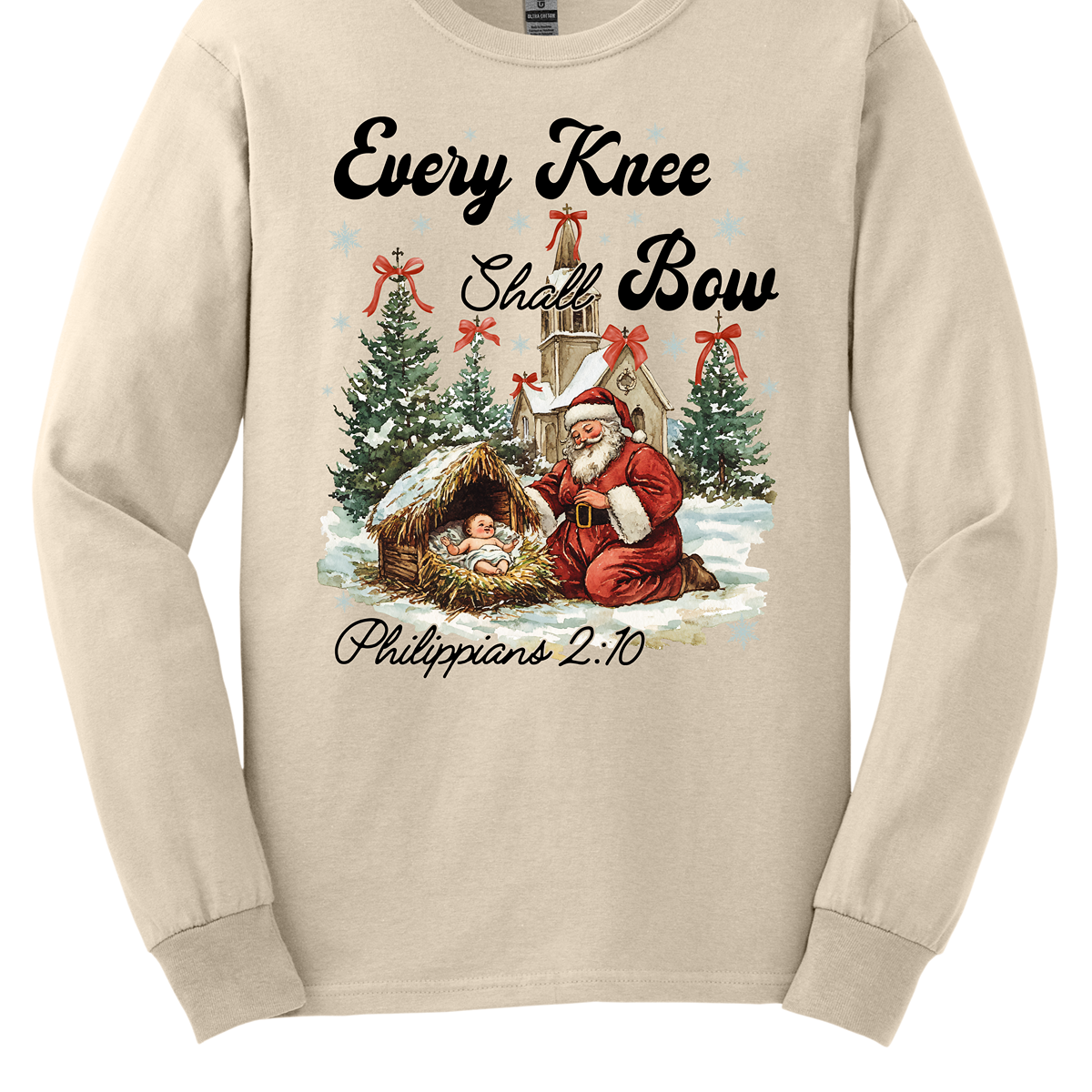 This festive and powerful apparel design features the phrase "Every Knee Shall Bow" in bold, elegant lettering, symbolizing the reverence and humility of the Christmas story. The artwork showcases Santa Claus, traditionally known for his joyful spirit, bowing down in awe before a humble manger that cradles baby Jesus. In the background, an old chapel stands as a symbol of faith, with evergreen trees adorned with festive bows, adding a touch of seasonal beauty and serenity.  Shop at Gorgeousware.com