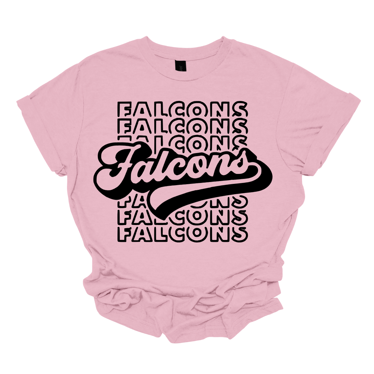 Show off your fierce spirit with this bold Falcons tee! The design features a stacked, repeating pattern of the word "Falcons" in a dynamic, eye-catching arrangement. Right at the center, the word "Falcons" stands out in a retro-inspired font, giving the shirt a vintage, yet modern vibe. Perfect for sports fans or anyone who loves a stylish, graphic look, this tee is the ultimate mix of nostalgia and energy.  Shop at Gorgeousware.com