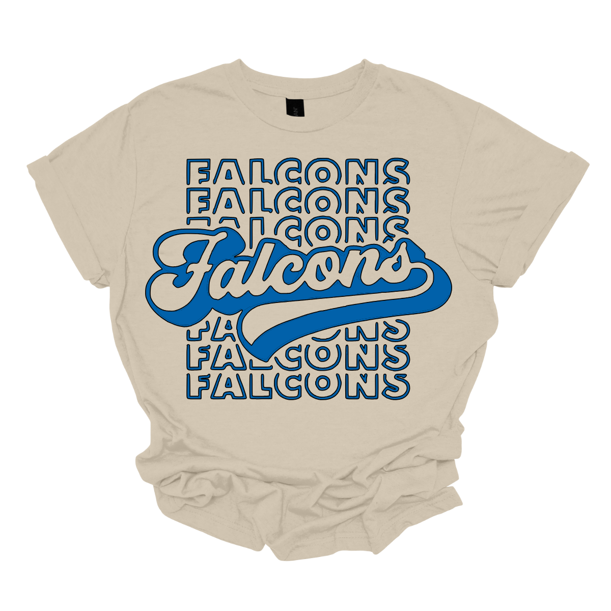 Show off your fierce spirit with this bold Falcons tee! The design features a stacked, repeating pattern of the word "Falcons" in a dynamic, eye-catching arrangement. Right at the center, the word "Falcons" stands out in a retro-inspired font, giving the shirt a vintage, yet modern vibe. Perfect for sports fans or anyone who loves a stylish, graphic look, this tee is the ultimate mix of nostalgia and energy.  Shop at Gorgeousware.com