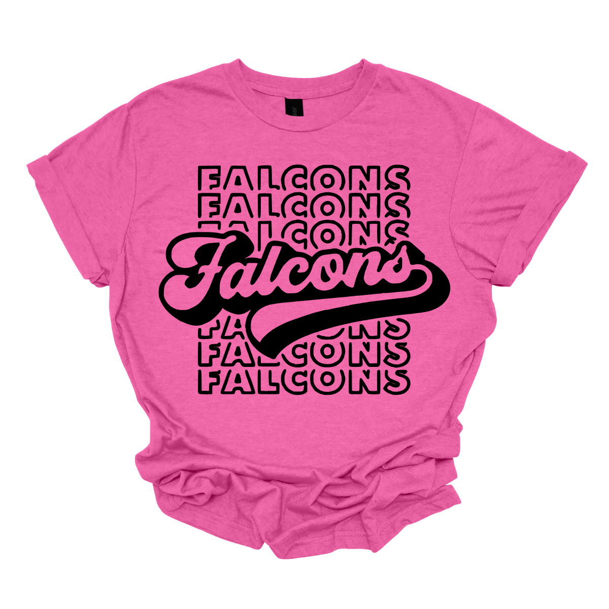 Show off your fierce spirit with this bold Falcons tee! The design features a stacked, repeating pattern of the word "Falcons" in a dynamic, eye-catching arrangement. Right at the center, the word "Falcons" stands out in a retro-inspired font, giving the shirt a vintage, yet modern vibe. Perfect for sports fans or anyone who loves a stylish, graphic look, this tee is the ultimate mix of nostalgia and energy.  Shop at Gorgeousware.com