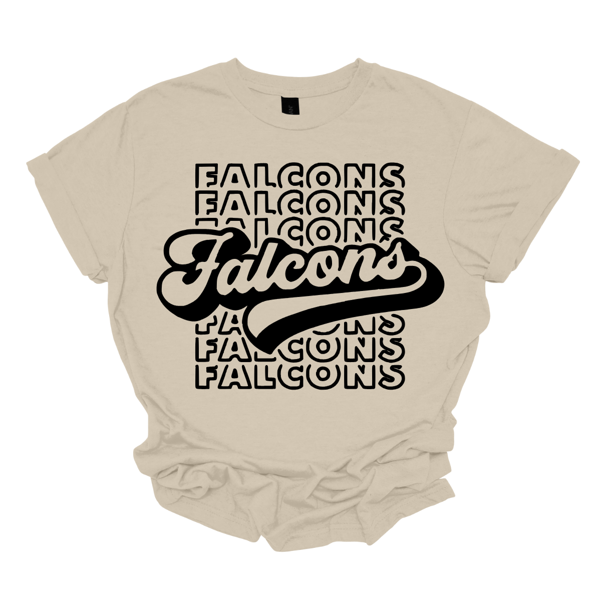 Show off your fierce spirit with this bold Falcons tee! The design features a stacked, repeating pattern of the word "Falcons" in a dynamic, eye-catching arrangement. Right at the center, the word "Falcons" stands out in a retro-inspired font, giving the shirt a vintage, yet modern vibe. Perfect for sports fans or anyone who loves a stylish, graphic look, this tee is the ultimate mix of nostalgia and energy.  Shop at Gorgeousware.com