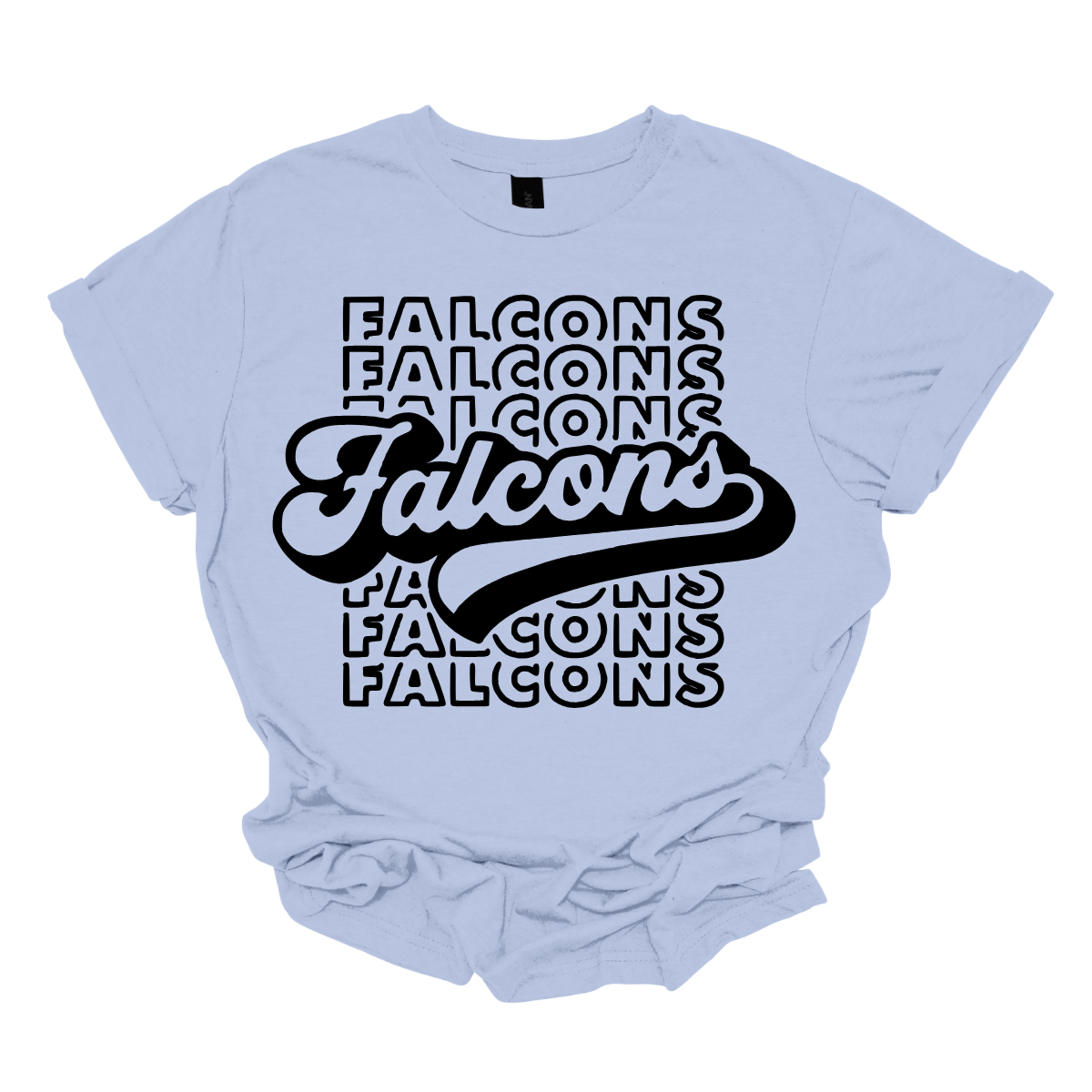 Show off your fierce spirit with this bold Falcons tee! The design features a stacked, repeating pattern of the word "Falcons" in a dynamic, eye-catching arrangement. Right at the center, the word "Falcons" stands out in a retro-inspired font, giving the shirt a vintage, yet modern vibe. Perfect for sports fans or anyone who loves a stylish, graphic look, this tee is the ultimate mix of nostalgia and energy.  Shop at Gorgeousware.com