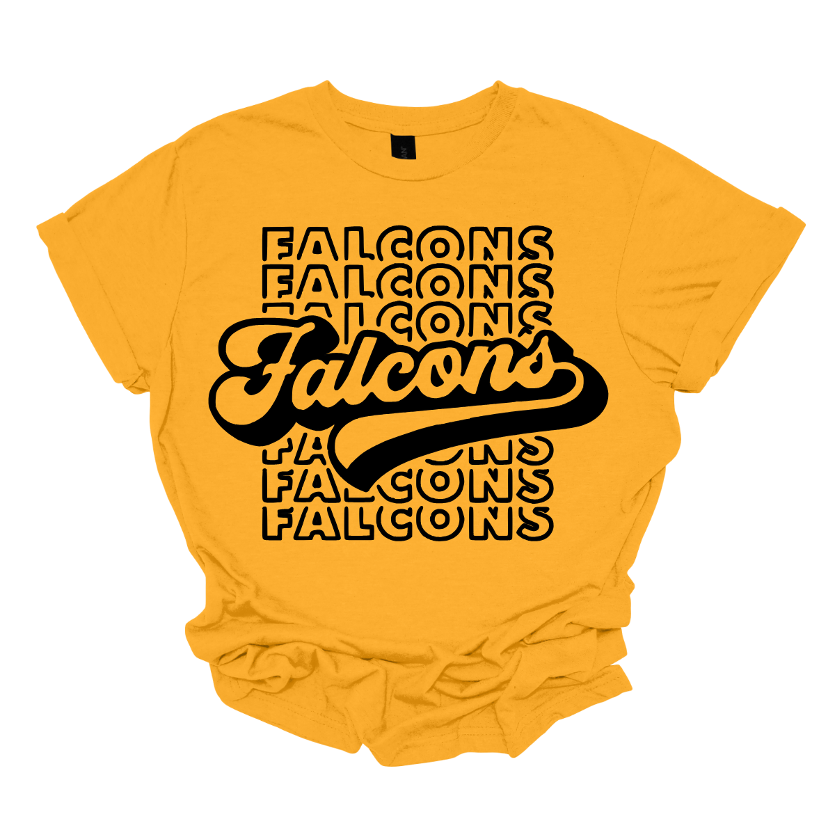 Show off your fierce spirit with this bold Falcons tee! The design features a stacked, repeating pattern of the word "Falcons" in a dynamic, eye-catching arrangement. Right at the center, the word "Falcons" stands out in a retro-inspired font, giving the shirt a vintage, yet modern vibe. Perfect for sports fans or anyone who loves a stylish, graphic look, this tee is the ultimate mix of nostalgia and energy.  Shop at Gorgeousware.com