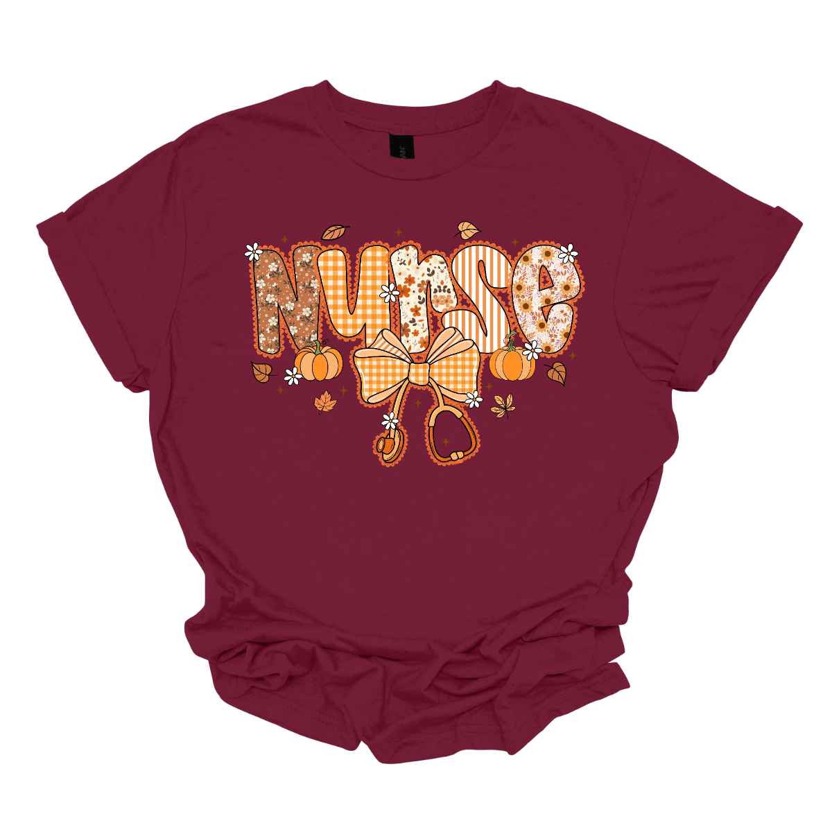 Maroon t-shirt with 'Nurse' design featuring pumpkins and a bow on a white background