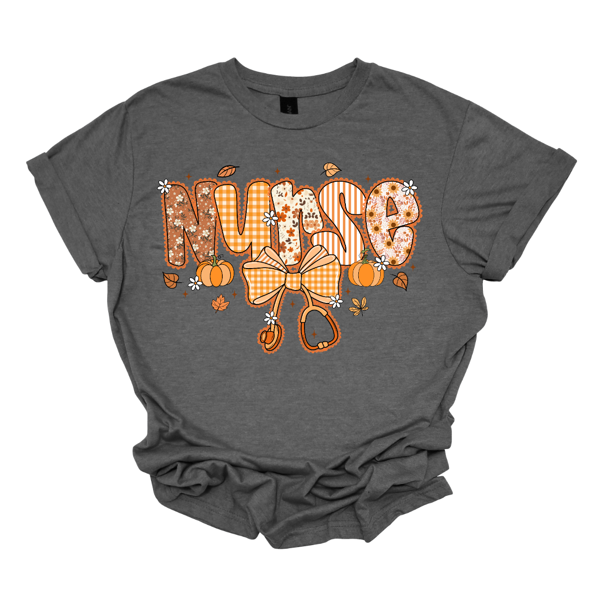 Gray t-shirt with 'Nurse' text and Halloween-themed graphics on a white background