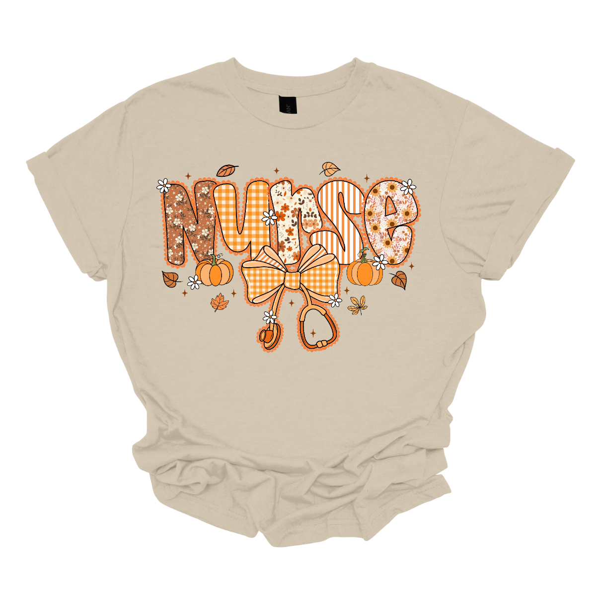 Beige t-shirt with 'Nurse' design featuring a bow and pumpkins on a white background