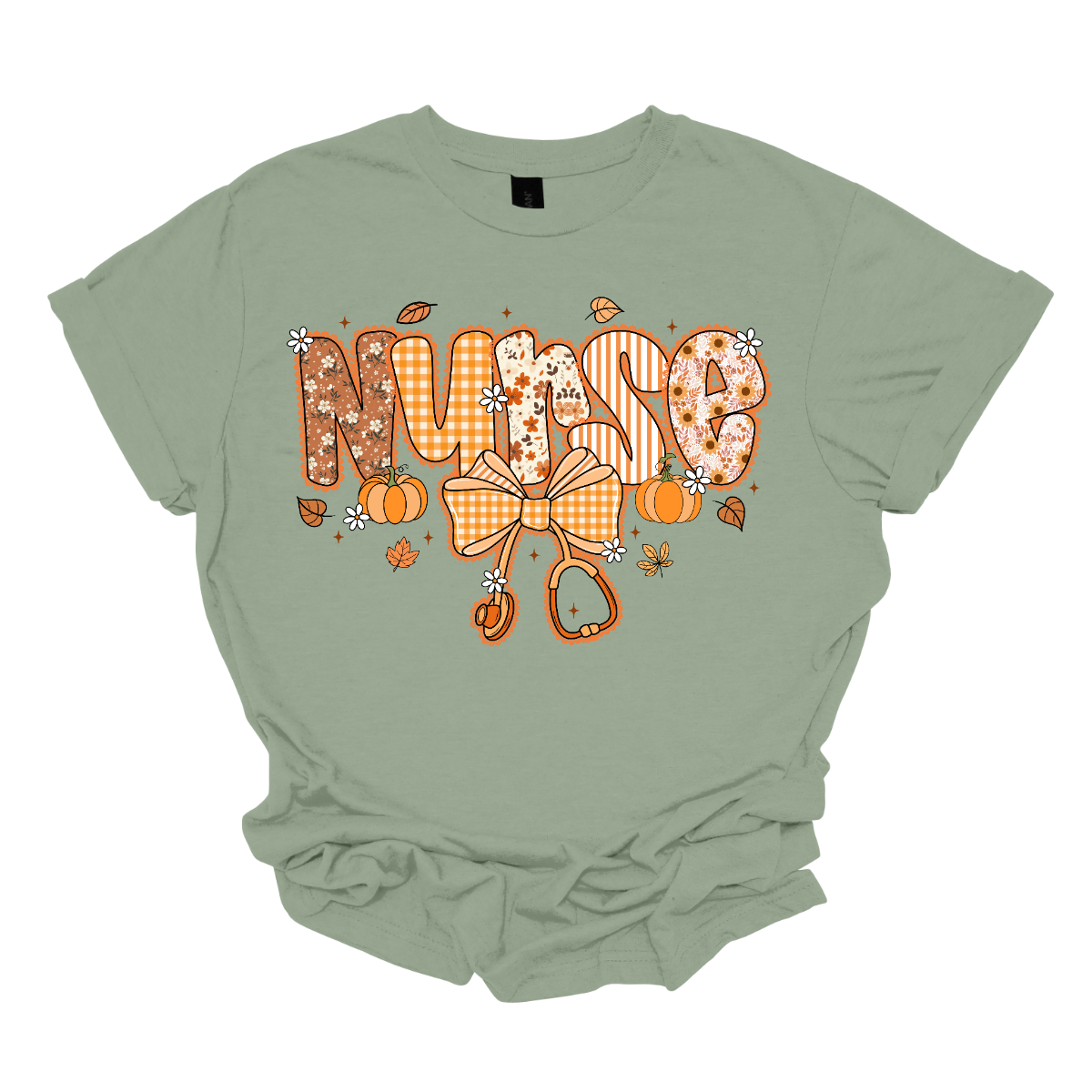 Green t-shirt with 'Nurse' design featuring a bow and pumpkins on a white background
