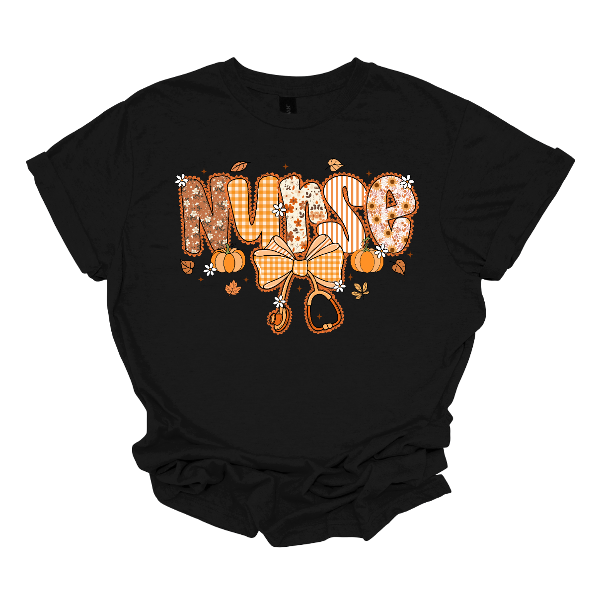 Black t-shirt with 'Nurse' text and pumpkin design on a white background