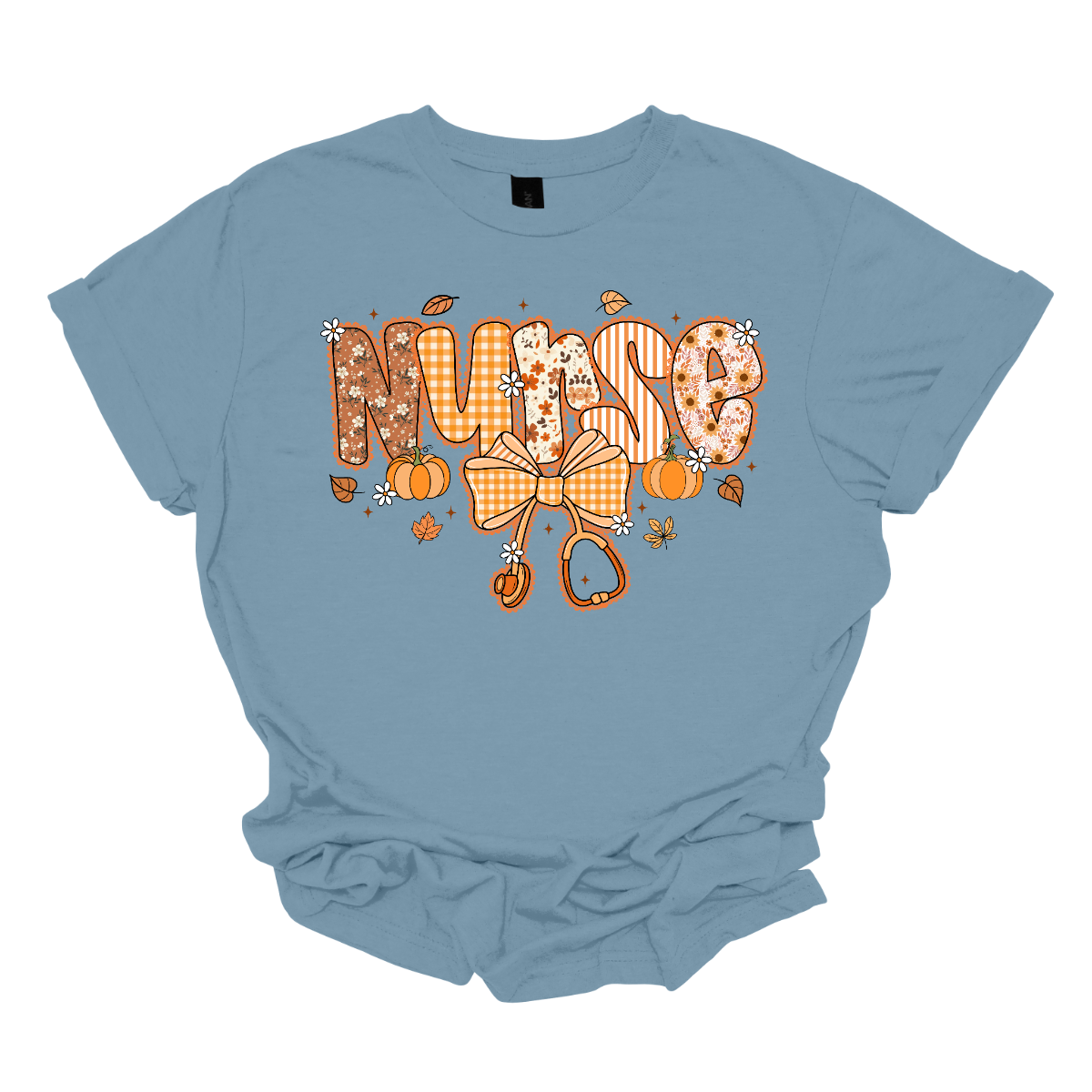 Blue t-shirt with 'Nurse' design featuring pumpkins and a bow on a white background