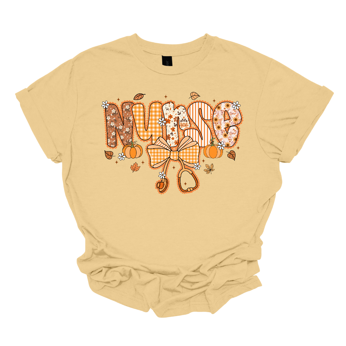 Yellow haze  t-shirt with 'Nurse' design featuring pumpkins and a bow on a white background