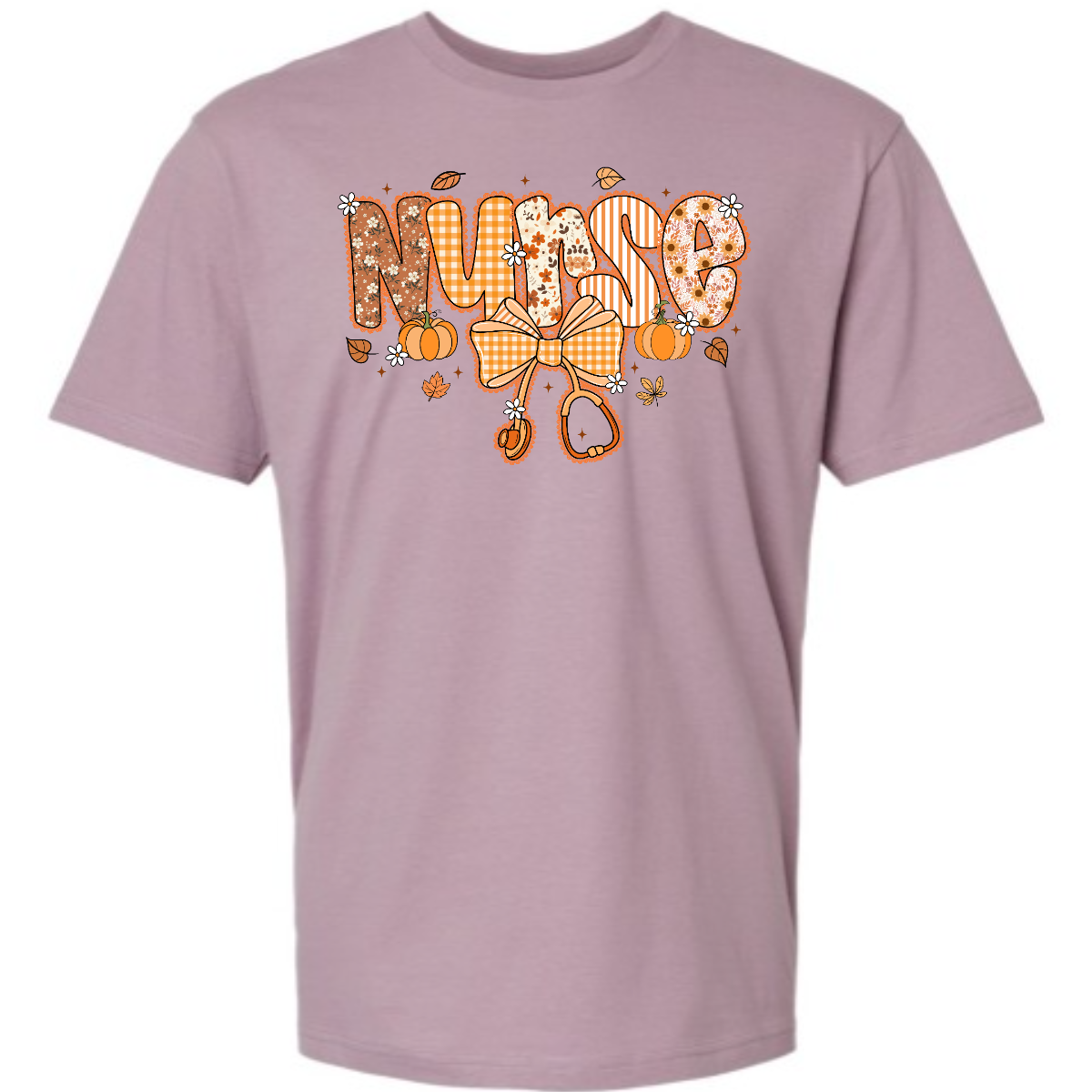 Purple t-shirt with 'Nurse' design featuring pumpkins and a bow on a white background