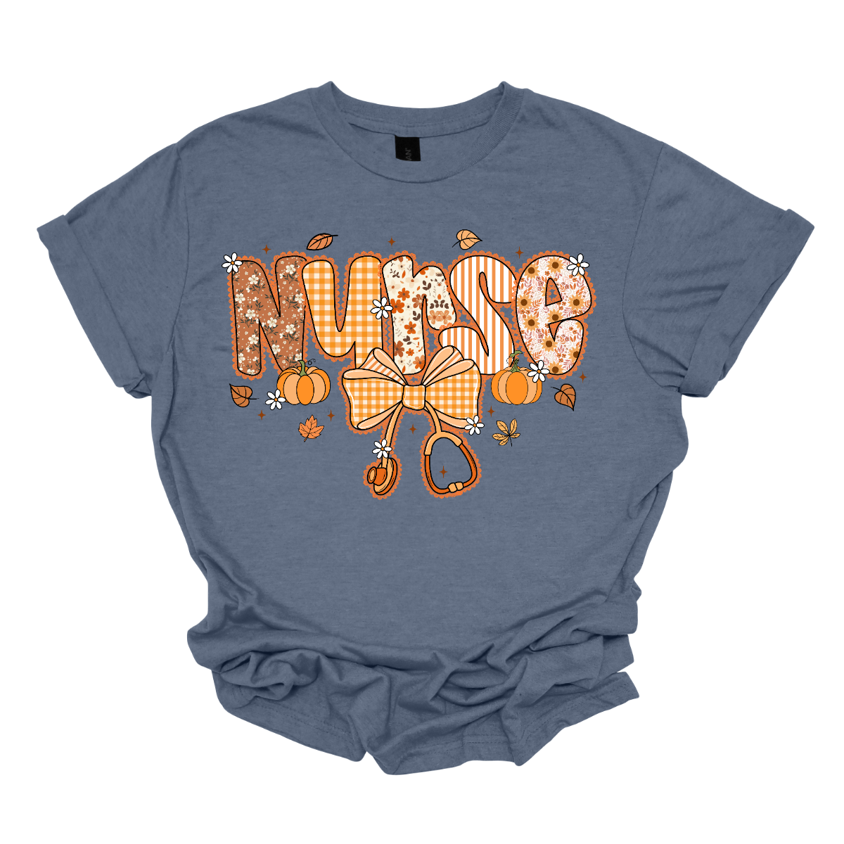 Blue t-shirt with 'Nurse' design featuring a bow and scissors on a white background