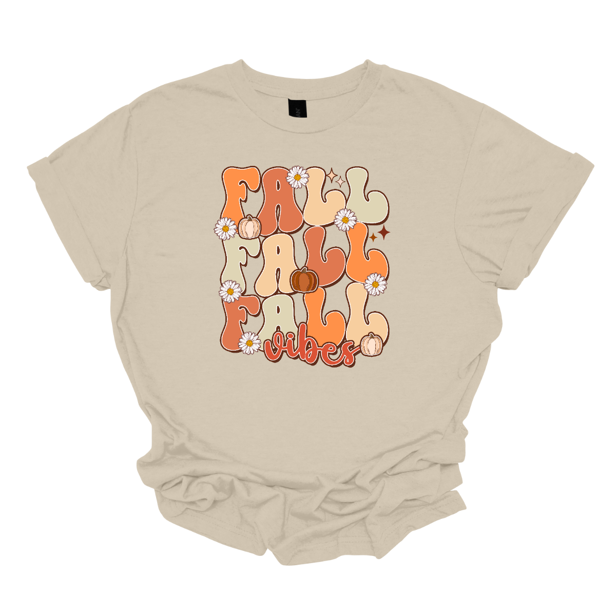 This "Fall Vibes" t-shirt perfectly captures the essence of autumn with its vibrant and playful design. The word "Fall" is prominently displayed three times vertically, mixing different shades of orange and a little sage green adding a touch of earthy freshness. The retro font used for "Fall" evokes a nostalgic, vintage feel that pairs perfectly with the season's warmth. Shop Gorgeousware.com