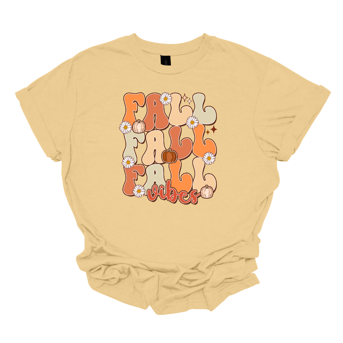 This "Fall Vibes" t-shirt perfectly captures the essence of autumn with its vibrant and playful design. The word "Fall" is prominently displayed three times vertically, mixing different shades of orange and a little sage green adding a touch of earthy freshness. The retro font used for "Fall" evokes a nostalgic, vintage feel that pairs perfectly with the season's warmth. Shop Gorgeousware.com