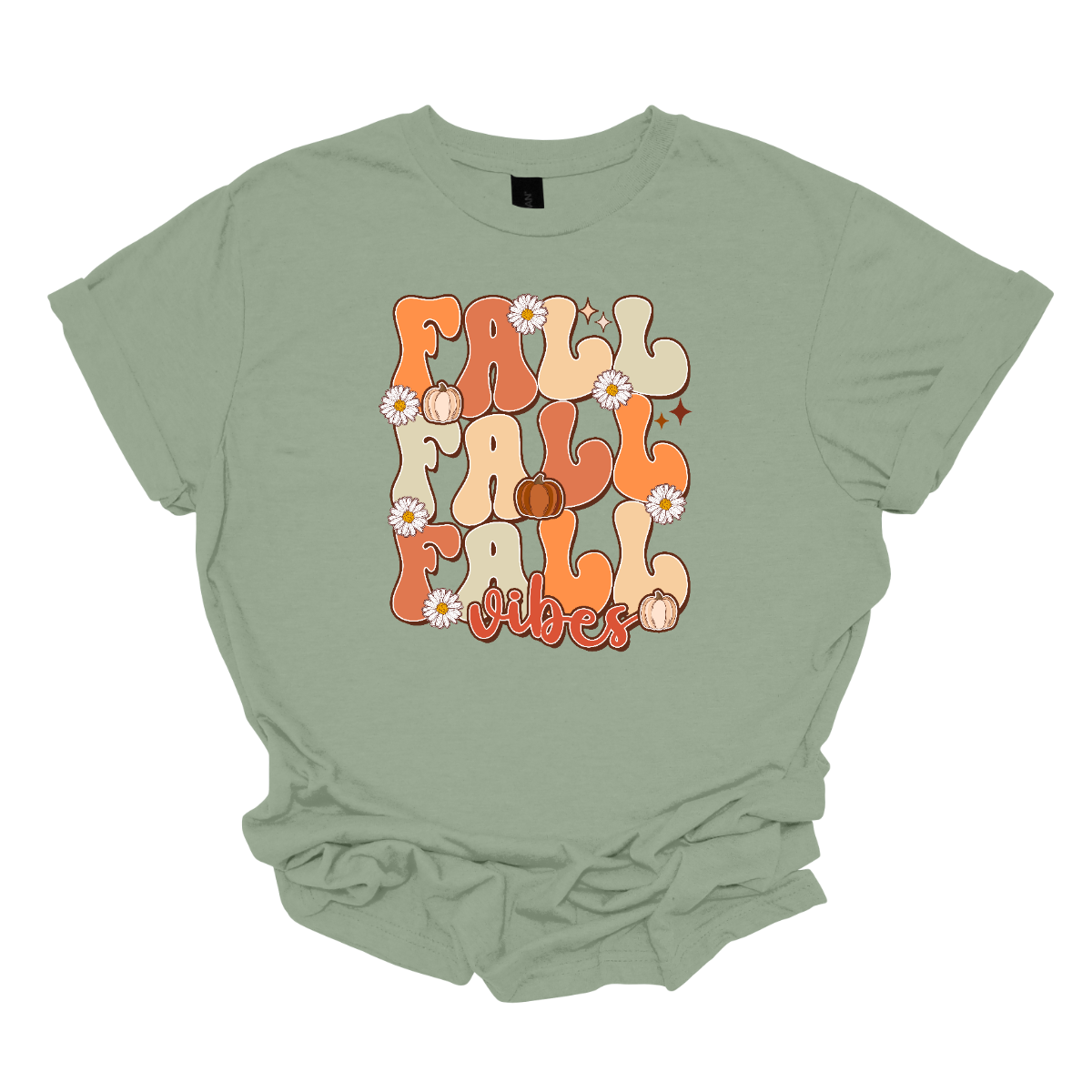 This "Fall Vibes" t-shirt perfectly captures the essence of autumn with its vibrant and playful design. The word "Fall" is prominently displayed three times vertically, mixing different shades of orange and a little sage green adding a touch of earthy freshness. The retro font used for "Fall" evokes a nostalgic, vintage feel that pairs perfectly with the season's warmth. Shop Gorgeousware.com