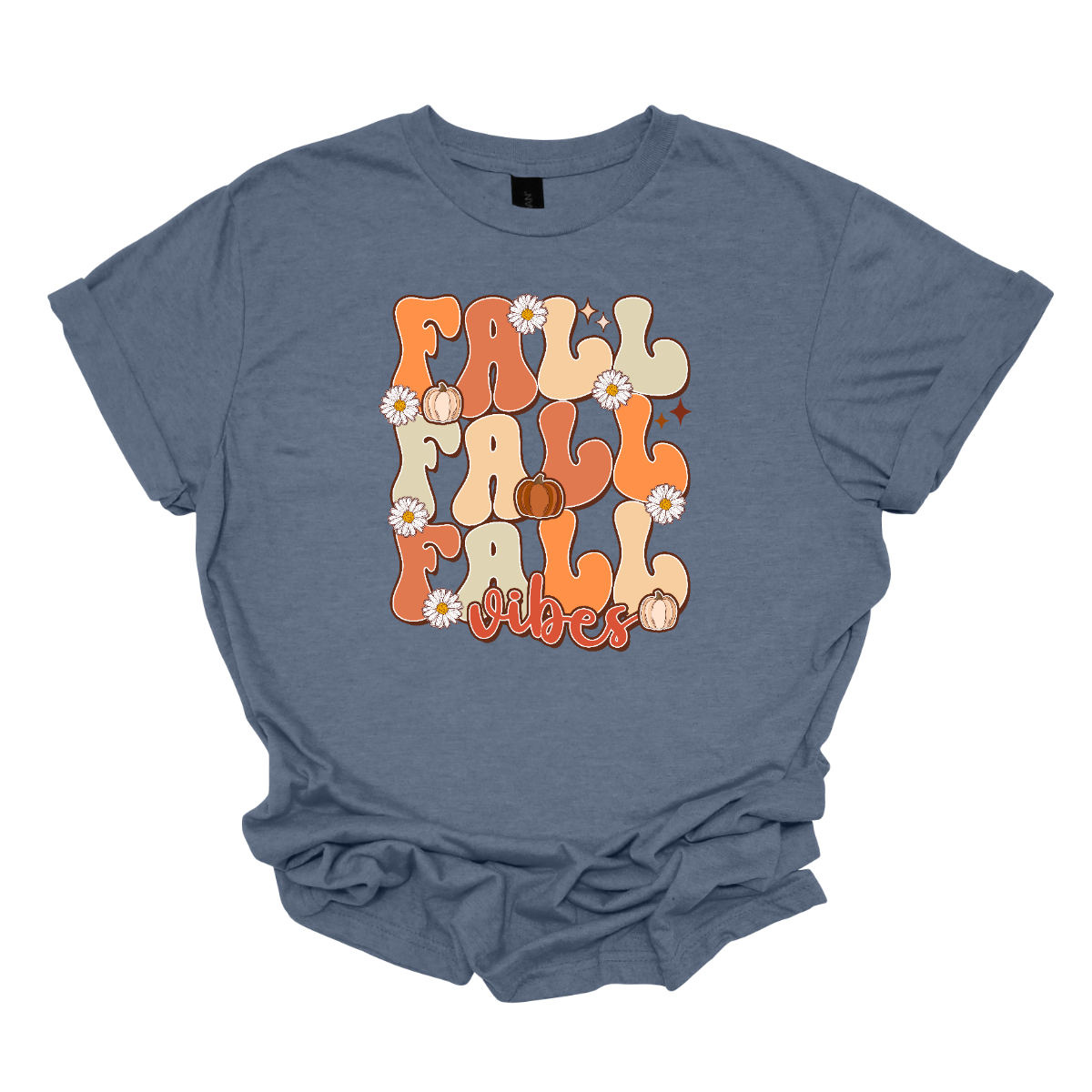 This "Fall Vibes" t-shirt perfectly captures the essence of autumn with its vibrant and playful design. The word "Fall" is prominently displayed three times vertically, mixing different shades of orange and a little sage green adding a touch of earthy freshness. The retro font used for "Fall" evokes a nostalgic, vintage feel that pairs perfectly with the season's warmth. Shop Gorgeousware.com