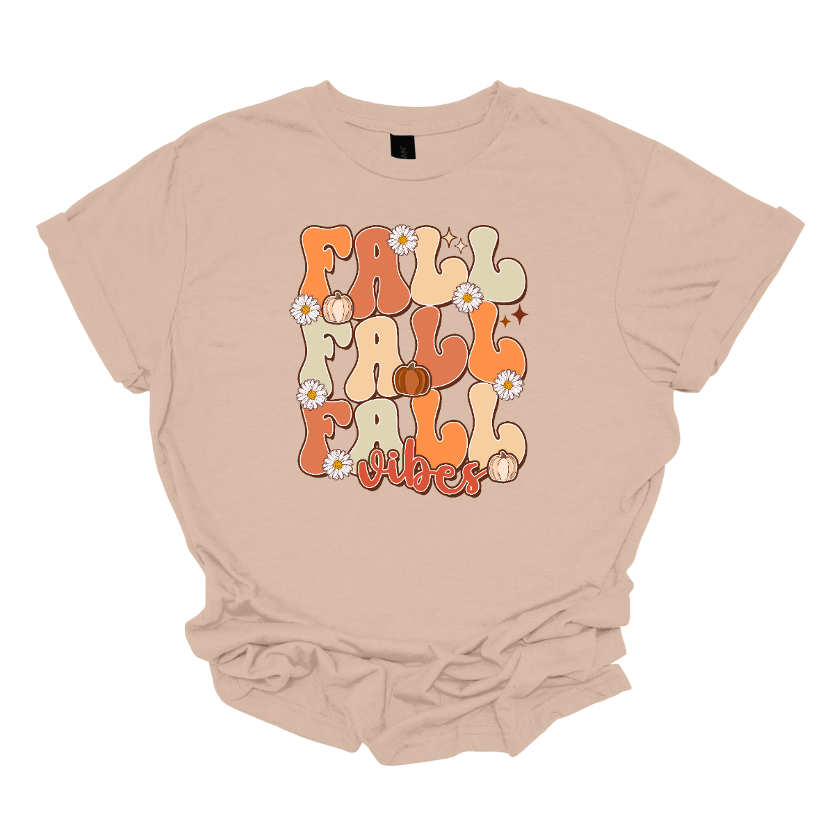 This "Fall Vibes" t-shirt perfectly captures the essence of autumn with its vibrant and playful design. The word "Fall" is prominently displayed three times vertically, mixing different shades of orange and a little sage green adding a touch of earthy freshness. The retro font used for "Fall" evokes a nostalgic, vintage feel that pairs perfectly with the season's warmth. Shop Gorgeousware.com