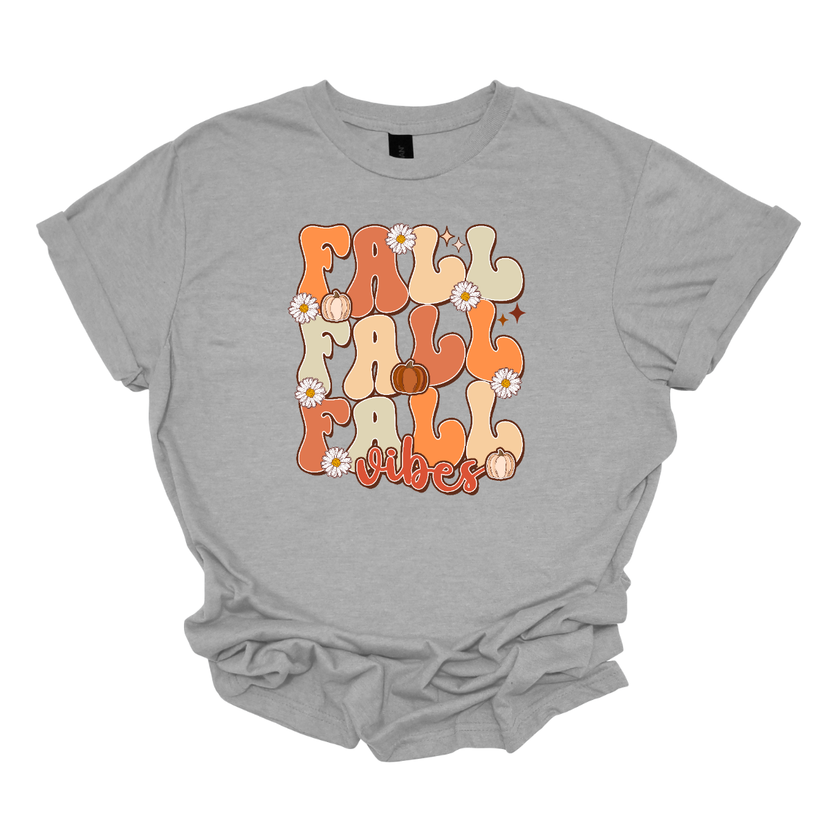 This "Fall Vibes" t-shirt perfectly captures the essence of autumn with its vibrant and playful design. The word "Fall" is prominently displayed three times vertically, mixing different shades of orange and a little sage green adding a touch of earthy freshness. The retro font used for "Fall" evokes a nostalgic, vintage feel that pairs perfectly with the season's warmth. Shop Gorgeousware.com