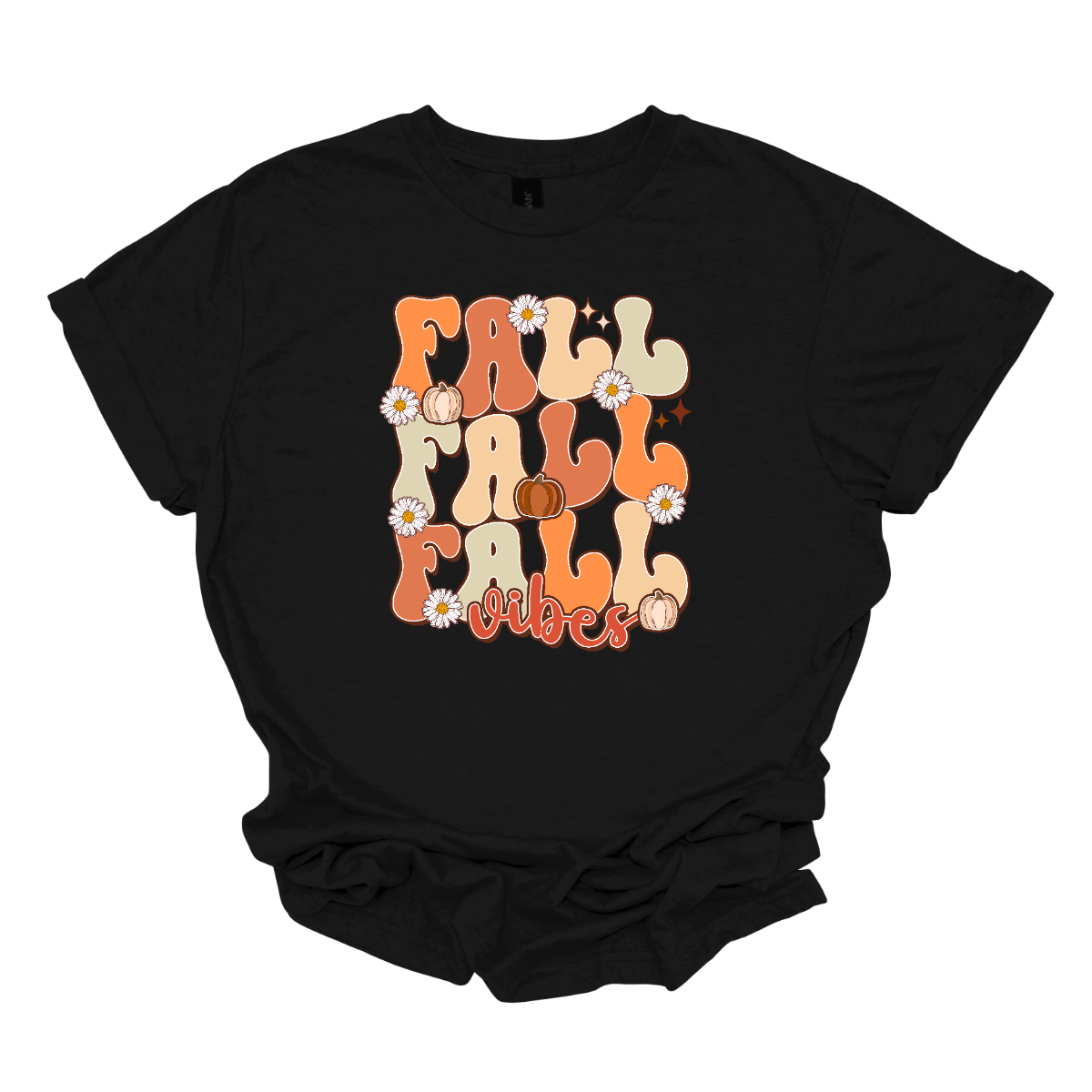 This "Fall Vibes" t-shirt perfectly captures the essence of autumn with its vibrant and playful design. The word "Fall" is prominently displayed three times vertically, mixing different shades of orange and a little sage green adding a touch of earthy freshness. The retro font used for "Fall" evokes a nostalgic, vintage feel that pairs perfectly with the season's warmth. Shop Gorgeousware.com