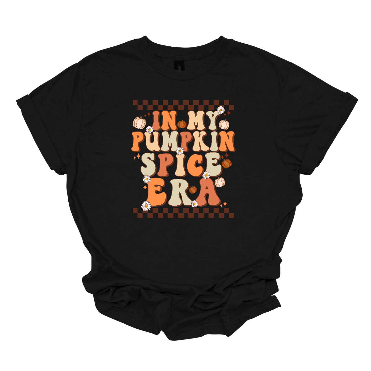 The t-shirt features a vibrant, retro-inspired design with the phrase "In My Pumpkin Spice Era" prominently displayed across the front. The text is rendered in a nostalgic, vintage-style font with an autumnal color palette. The letters are adorned in various shades of orange and yellow, with accents of green, evoking the warmth and richness of the fall season. Shop Gorgepusware.com