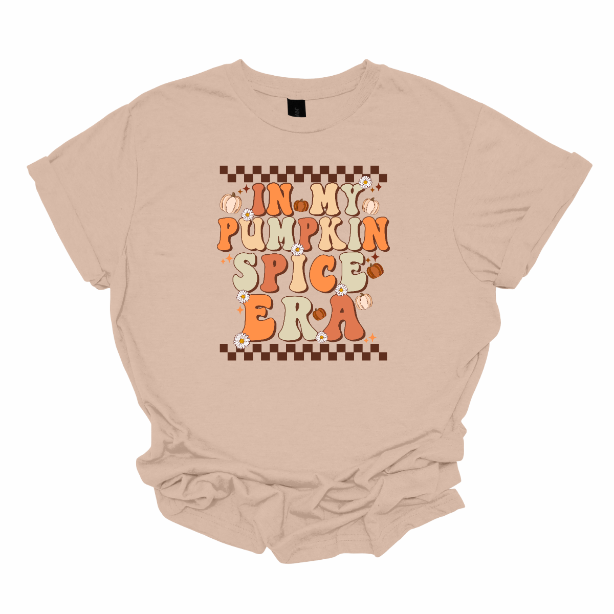 The t-shirt features a vibrant, retro-inspired design with the phrase "In My Pumpkin Spice Era" prominently displayed across the front. The text is rendered in a nostalgic, vintage-style font with an autumnal color palette. The letters are adorned in various shades of orange and yellow, with accents of green, evoking the warmth and richness of the fall season. Shop Gorgepusware.com