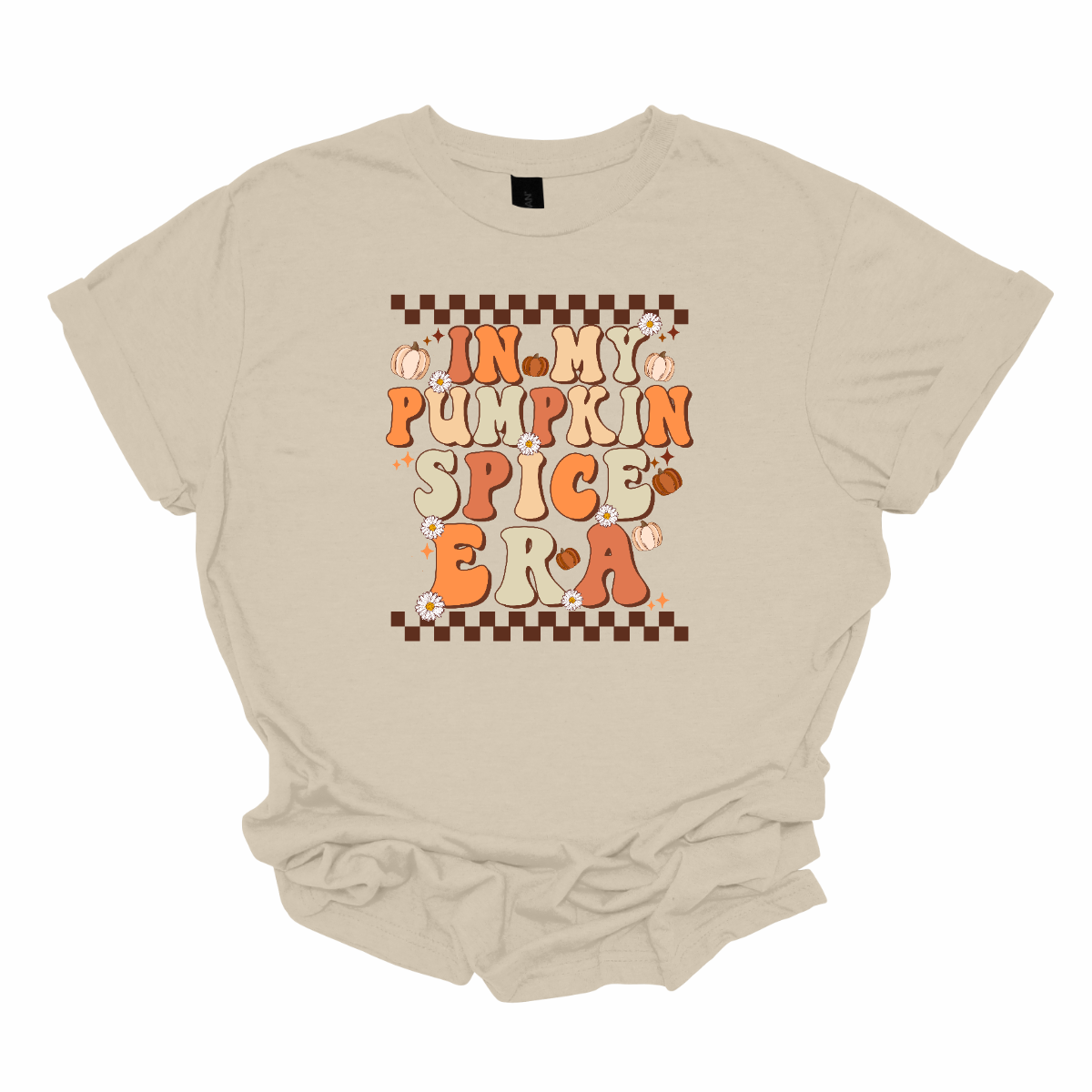 The t-shirt features a vibrant, retro-inspired design with the phrase "In My Pumpkin Spice Era" prominently displayed across the front. The text is rendered in a nostalgic, vintage-style font with an autumnal color palette. The letters are adorned in various shades of orange and yellow, with accents of green, evoking the warmth and richness of the fall season. Shop Gorgepusware.com