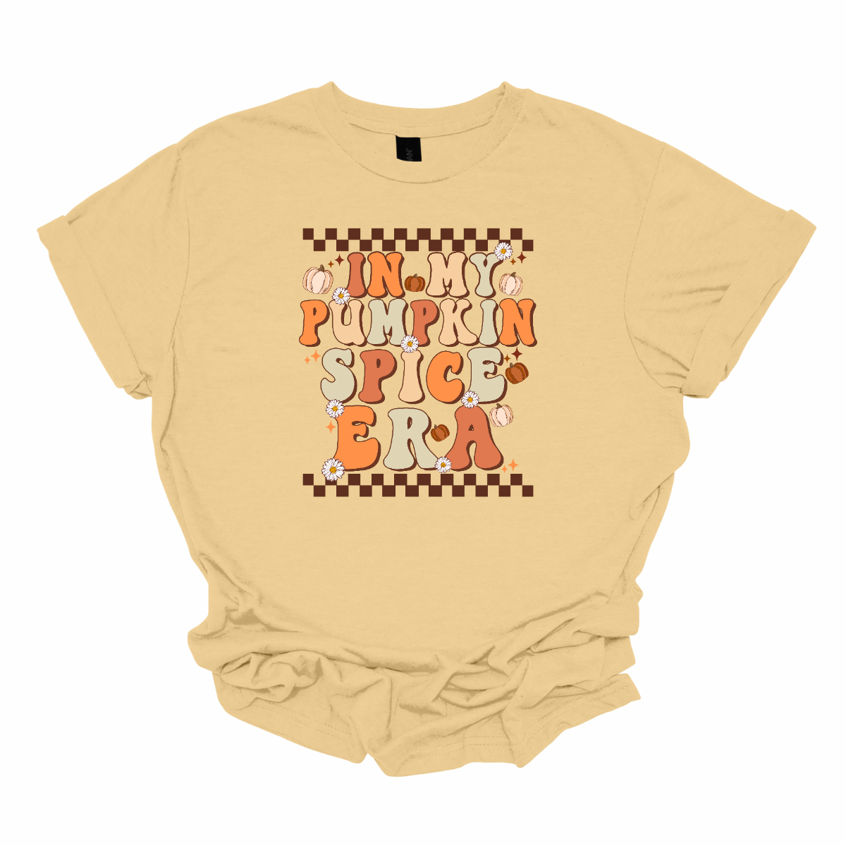 The t-shirt features a vibrant, retro-inspired design with the phrase "In My Pumpkin Spice Era" prominently displayed across the front. The text is rendered in a nostalgic, vintage-style font with an autumnal color palette. The letters are adorned in various shades of orange and yellow, with accents of green, evoking the warmth and richness of the fall season. Shop Gorgepusware.com