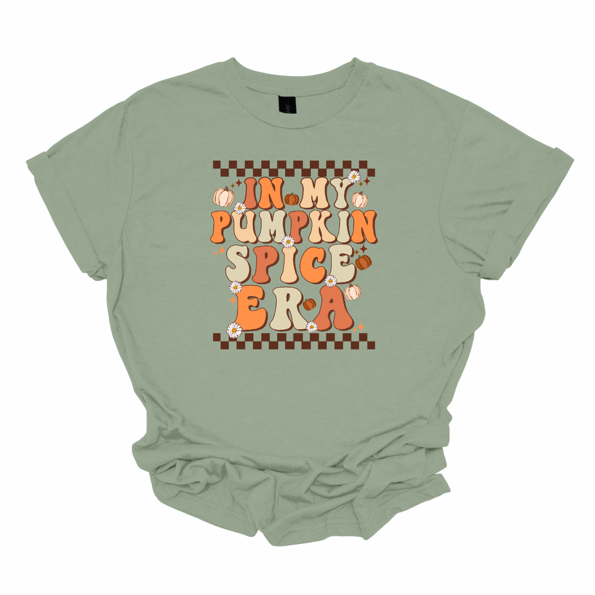 The t-shirt features a vibrant, retro-inspired design with the phrase "In My Pumpkin Spice Era" prominently displayed across the front. The text is rendered in a nostalgic, vintage-style font with an autumnal color palette. The letters are adorned in various shades of orange and yellow, with accents of green, evoking the warmth and richness of the fall season. Shop Gorgepusware.com