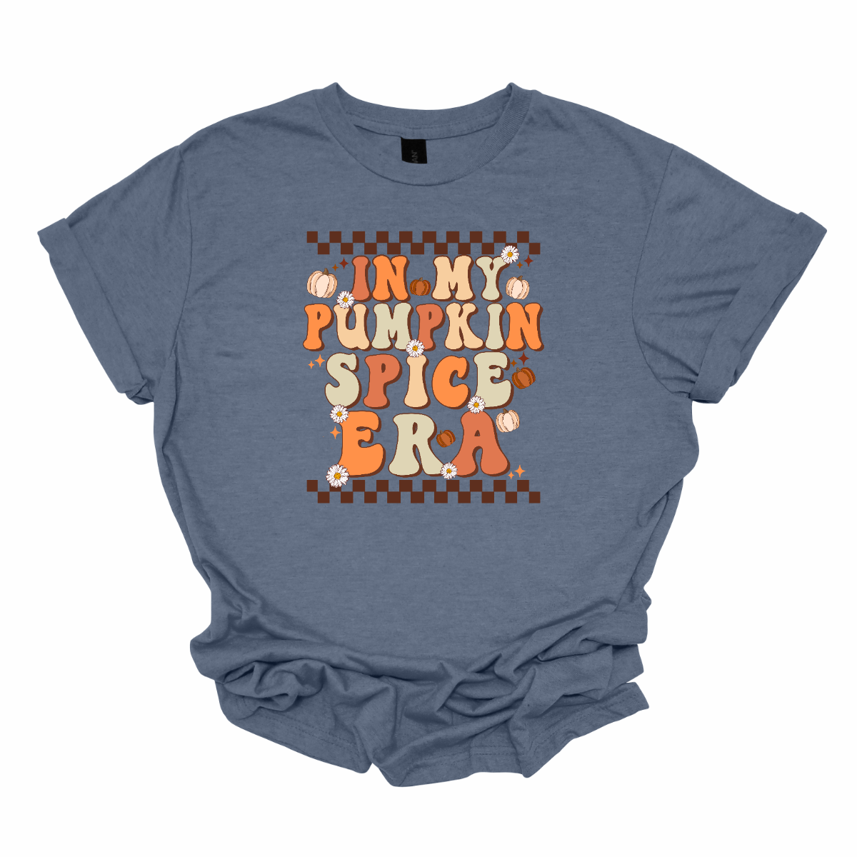 The t-shirt features a vibrant, retro-inspired design with the phrase "In My Pumpkin Spice Era" prominently displayed across the front. The text is rendered in a nostalgic, vintage-style font with an autumnal color palette. The letters are adorned in various shades of orange and yellow, with accents of green, evoking the warmth and richness of the fall season. Shop Gorgepusware.com