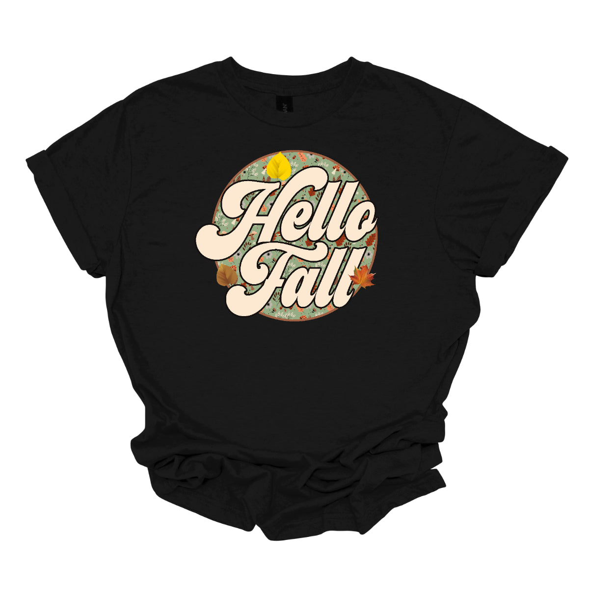 Embrace the cozy vibes of autumn with our "Hello Fall" t-shirt! This vintage-inspired design features a charming retro font that welcomes the season with warmth and style. The phrase "Hello Fall" is nestled in the center of a circular frame, surrounded by a delightful fall-themed backdrop. Shop at Gorgeousware.com.