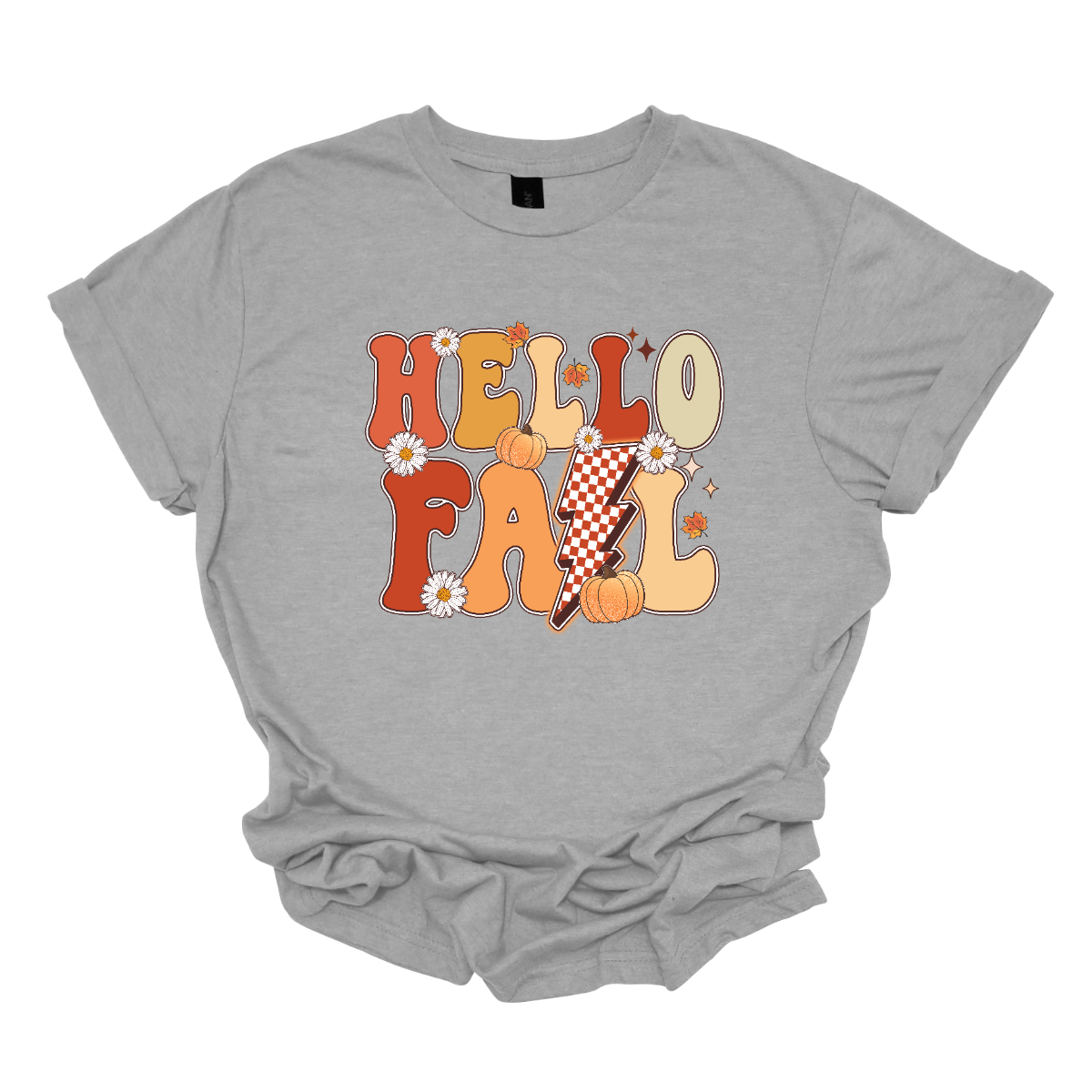 The t-shirt design features a vibrant and nostalgic retro aesthetic. At the center, the phrase "Hello Fall" is boldly displayed in a playful, vintage-inspired font. The letters are rendered in varying shades of orange and yellow, capturing the warm hues of autumn. Shop at Gorgeaousware.com