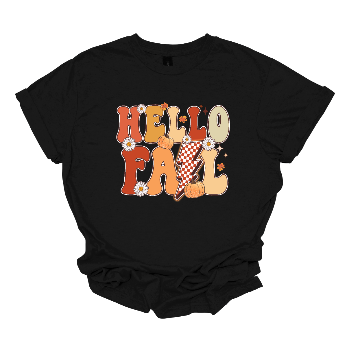 The t-shirt design features a vibrant and nostalgic retro aesthetic. At the center, the phrase "Hello Fall" is boldly displayed in a playful, vintage-inspired font. The letters are rendered in varying shades of orange and yellow, capturing the warm hues of autumn. Shop at Gorgeaousware.com