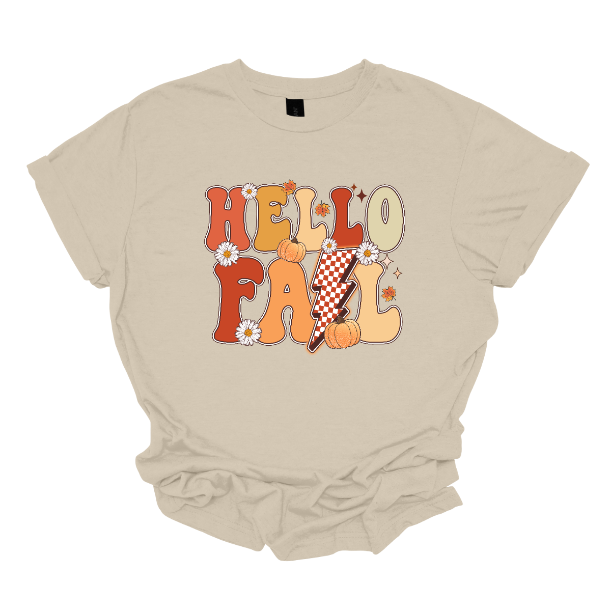 The t-shirt design features a vibrant and nostalgic retro aesthetic. At the center, the phrase "Hello Fall" is boldly displayed in a playful, vintage-inspired font. The letters are rendered in varying shades of orange and yellow, capturing the warm hues of autumn. Shop at Gorgeaousware.com