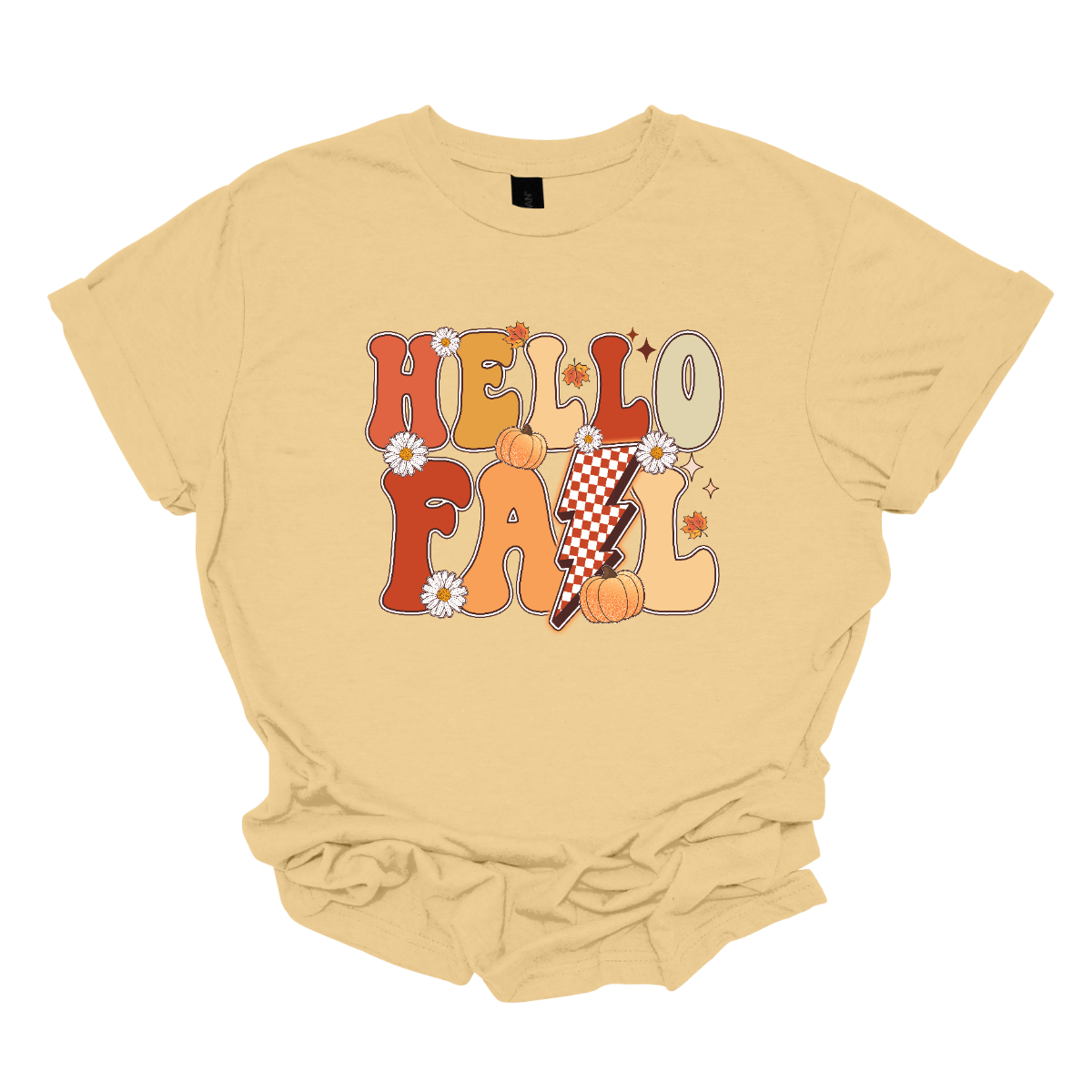 The t-shirt design features a vibrant and nostalgic retro aesthetic. At the center, the phrase "Hello Fall" is boldly displayed in a playful, vintage-inspired font. The letters are rendered in varying shades of orange and yellow, capturing the warm hues of autumn. Shop at Gorgeaousware.com