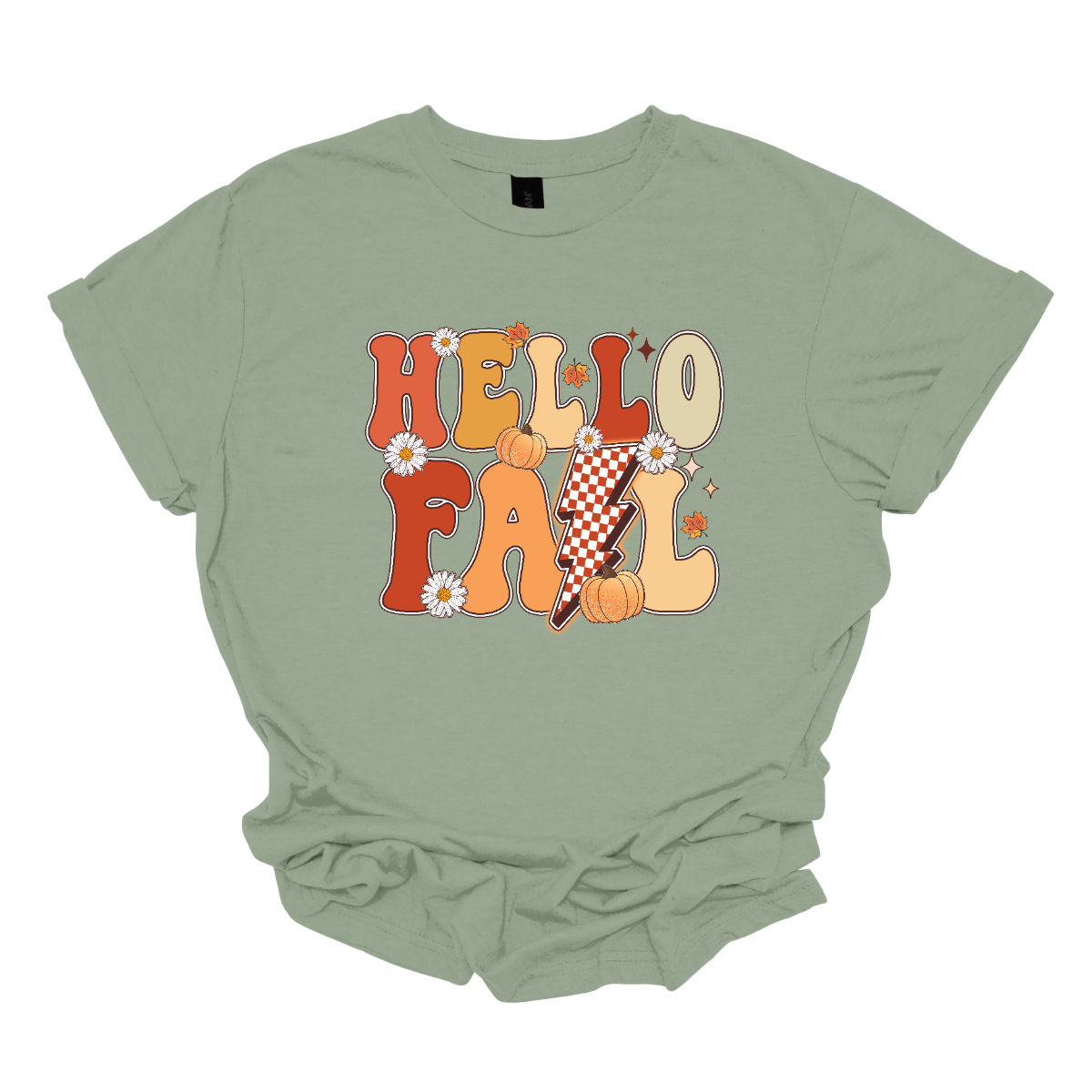 The t-shirt design features a vibrant and nostalgic retro aesthetic. At the center, the phrase "Hello Fall" is boldly displayed in a playful, vintage-inspired font. The letters are rendered in varying shades of orange and yellow, capturing the warm hues of autumn. Shop at Gorgeaousware.com