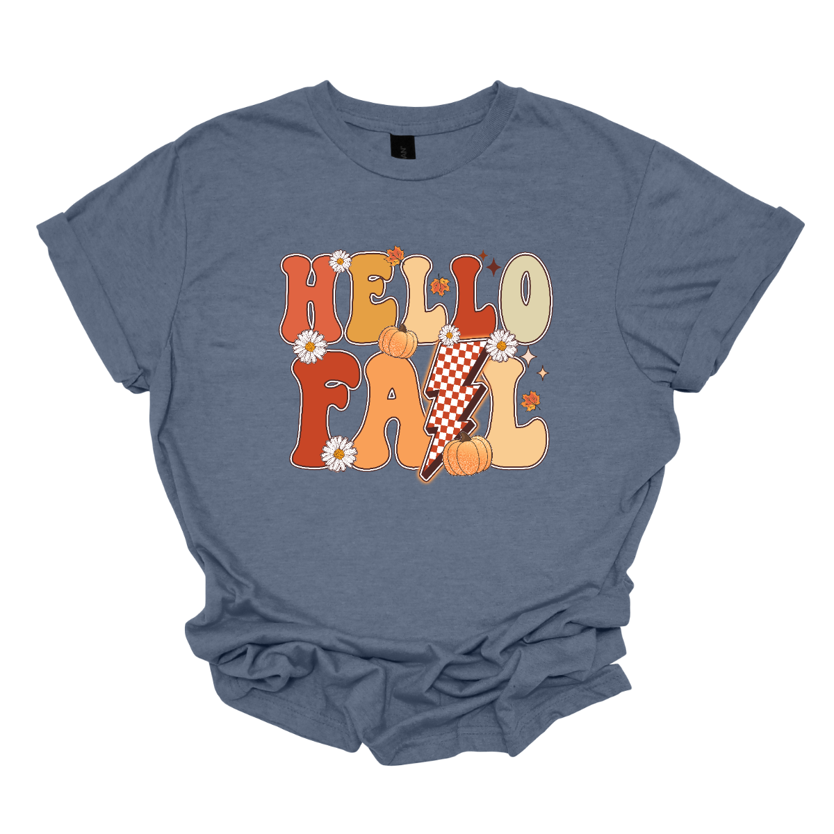 The t-shirt design features a vibrant and nostalgic retro aesthetic. At the center, the phrase "Hello Fall" is boldly displayed in a playful, vintage-inspired font. The letters are rendered in varying shades of orange and yellow, capturing the warm hues of autumn. Shop at Gorgeaousware.com