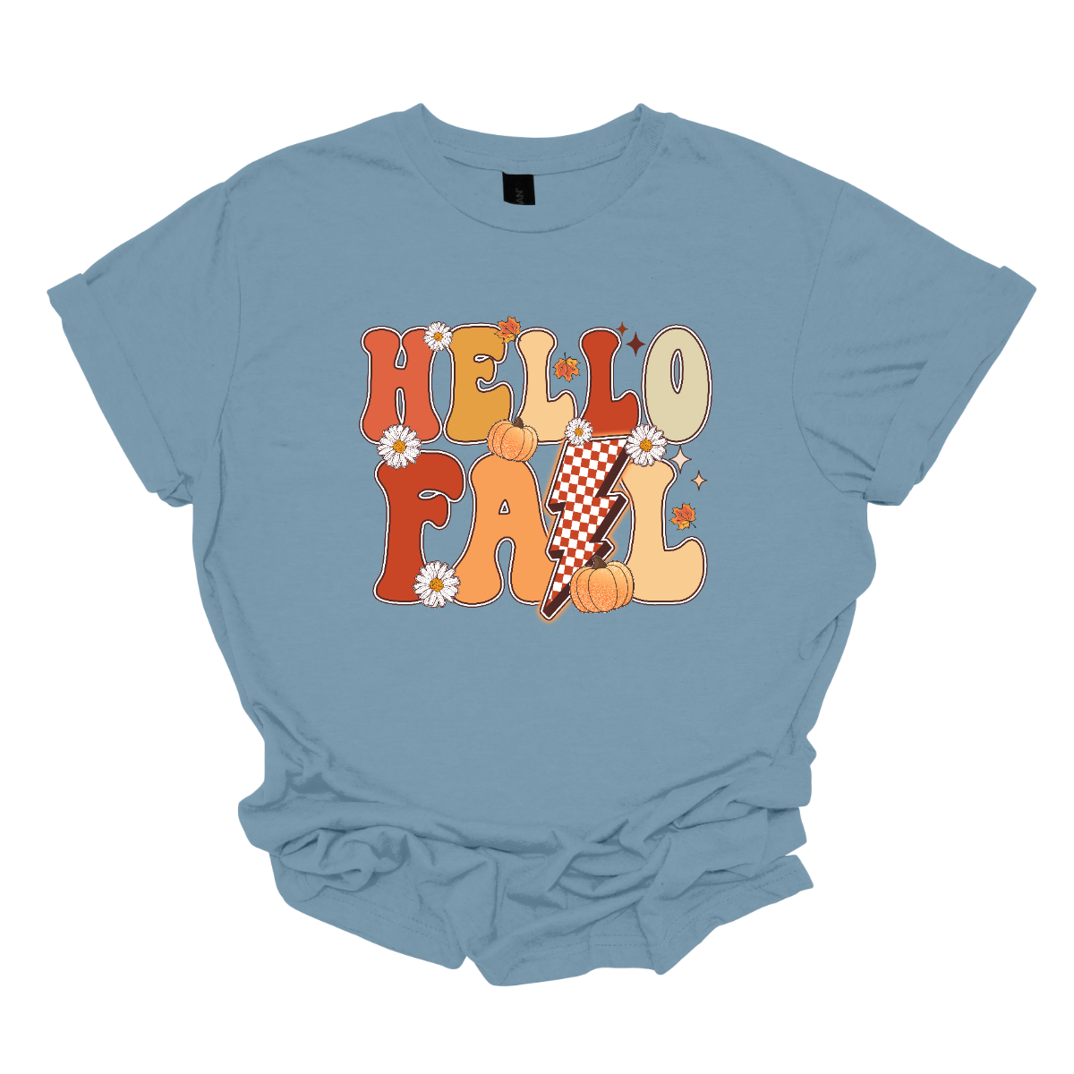 The t-shirt design features a vibrant and nostalgic retro aesthetic. At the center, the phrase "Hello Fall" is boldly displayed in a playful, vintage-inspired font. The letters are rendered in varying shades of orange and yellow, capturing the warm hues of autumn. Shop at Gorgeaousware.com