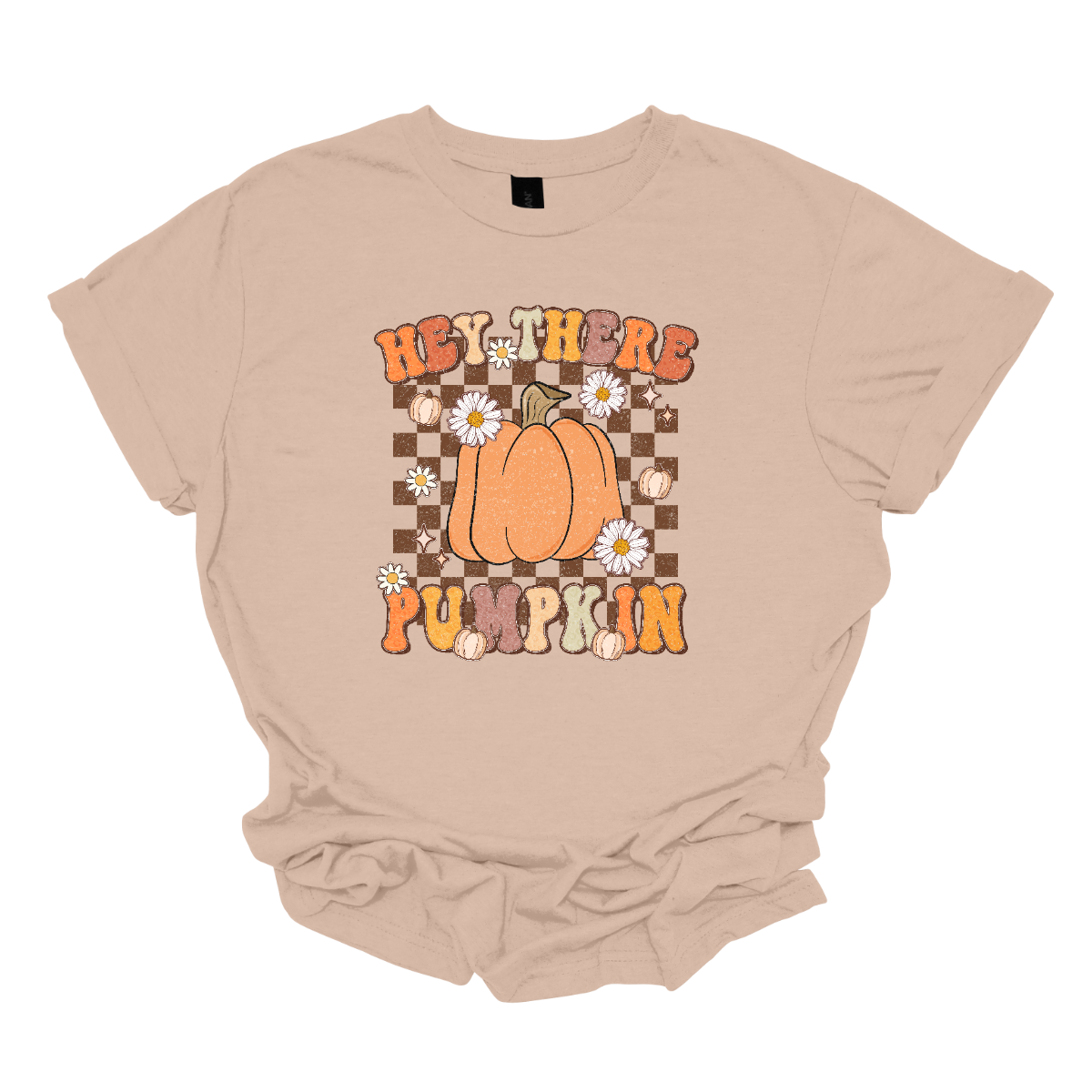 The t-shirt features the cheerful phrase "Hey There Pumpkin" in a retro-styled font that captures the essence of fall. In between the words "Hey There" and "Pumpkin," there is a prominent, large orange pumpkin. This central pumpkin is illustrated in vivid detail, serving as the focal point of the design. Shop Gorgousware.com