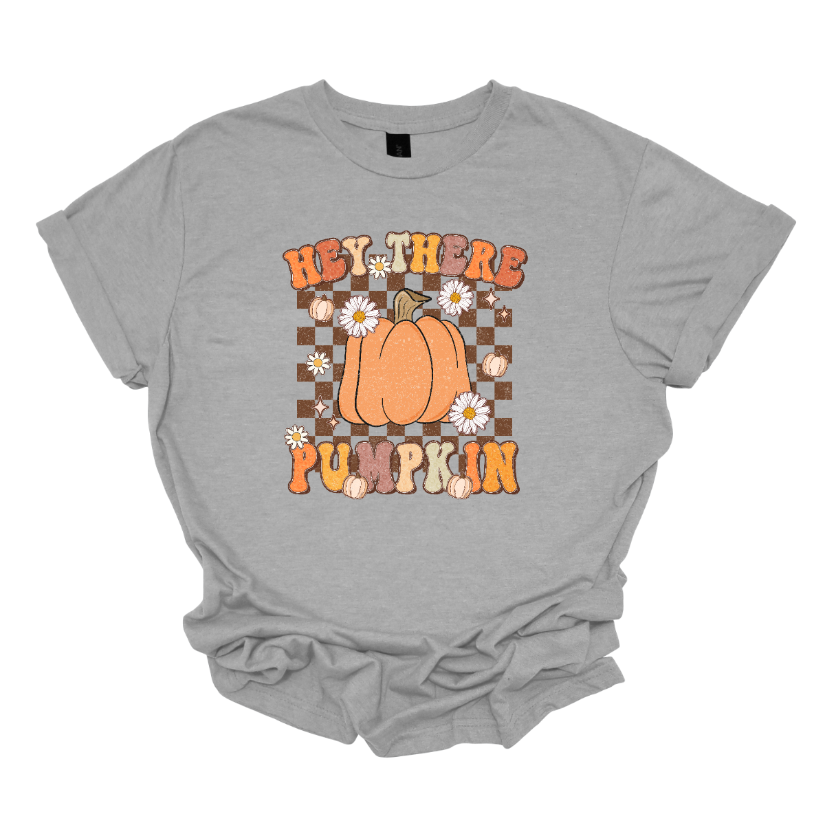 The t-shirt features the cheerful phrase "Hey There Pumpkin" in a retro-styled font that captures the essence of fall. In between the words "Hey There" and "Pumpkin," there is a prominent, large orange pumpkin. This central pumpkin is illustrated in vivid detail, serving as the focal point of the design. Shop Gorgousware.com