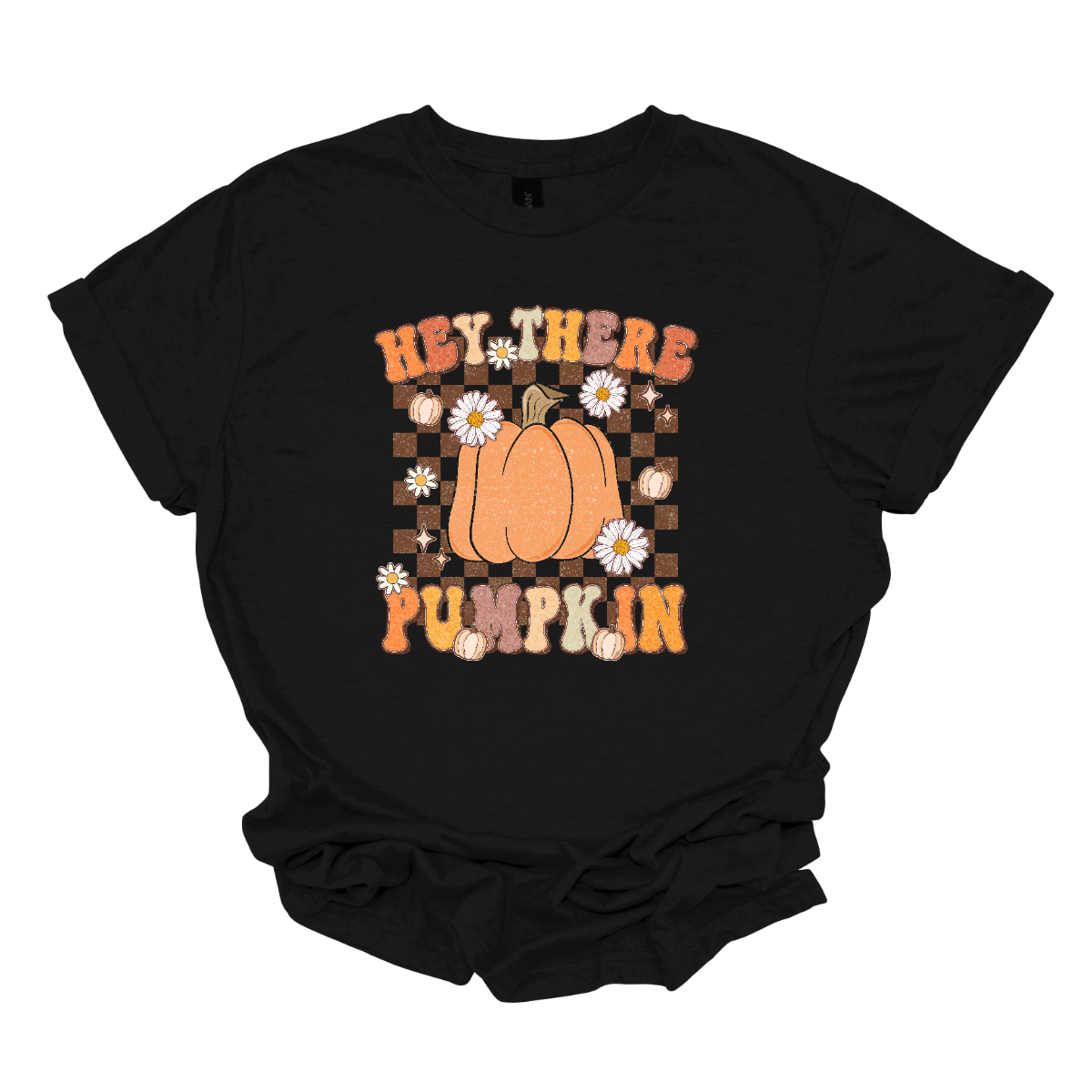 The t-shirt features the cheerful phrase "Hey There Pumpkin" in a retro-styled font that captures the essence of fall. In between the words "Hey There" and "Pumpkin," there is a prominent, large orange pumpkin. This central pumpkin is illustrated in vivid detail, serving as the focal point of the design. Shop Gorgousware.com