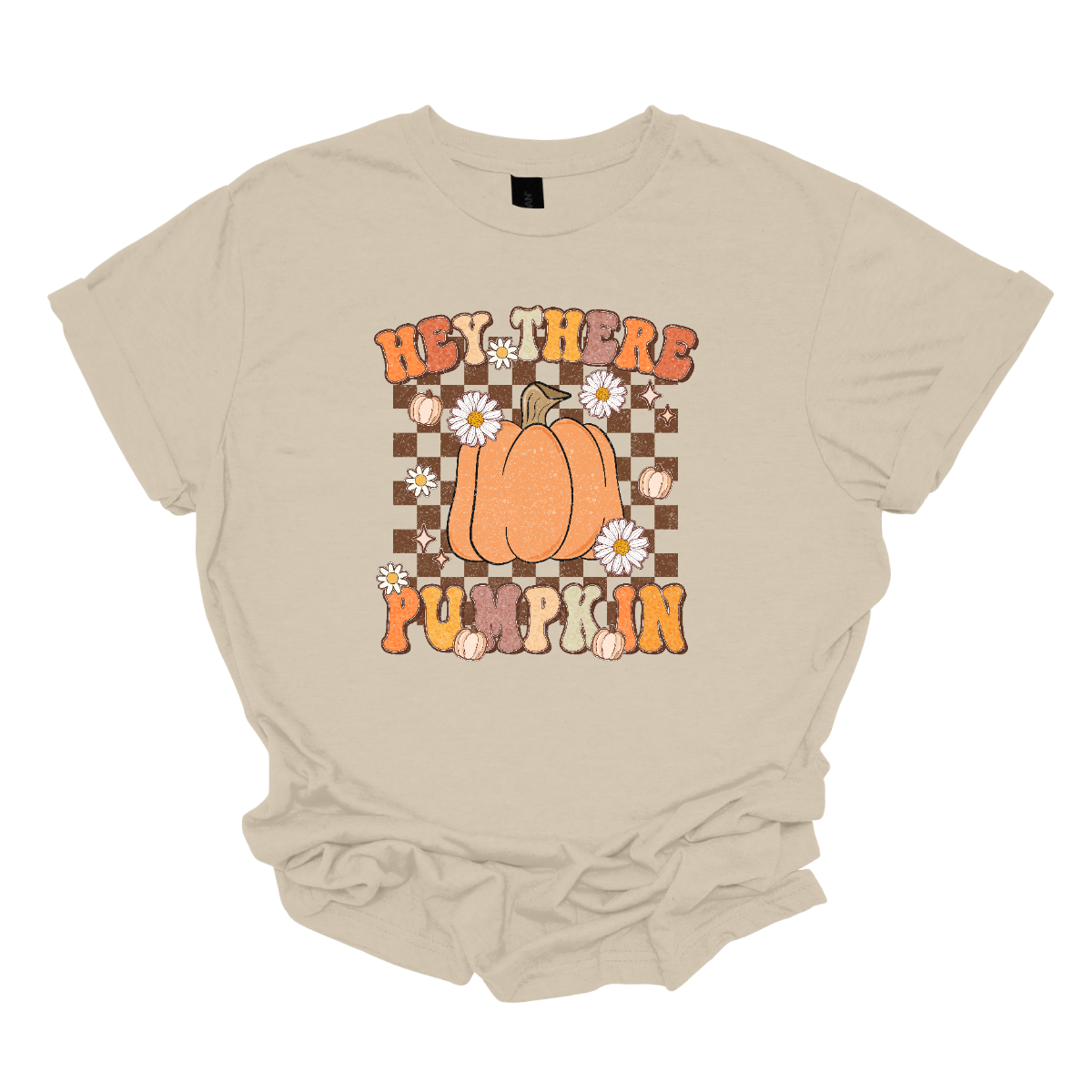 The t-shirt features the cheerful phrase "Hey There Pumpkin" in a retro-styled font that captures the essence of fall. In between the words "Hey There" and "Pumpkin," there is a prominent, large orange pumpkin. This central pumpkin is illustrated in vivid detail, serving as the focal point of the design. Shop Gorgousware.com