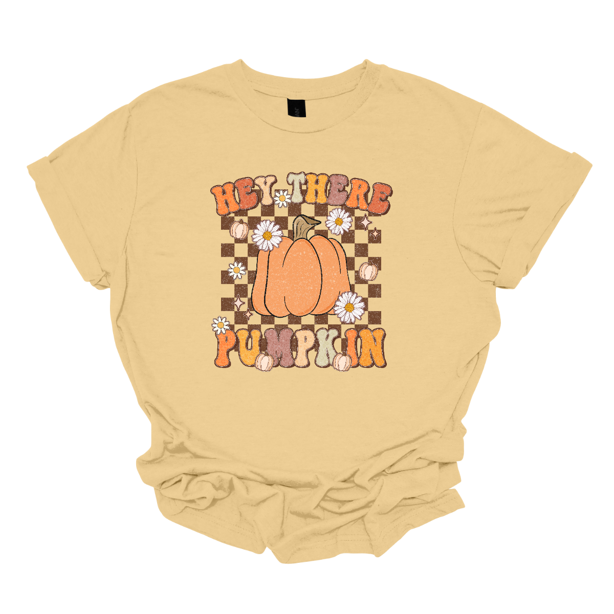 The t-shirt features the cheerful phrase "Hey There Pumpkin" in a retro-styled font that captures the essence of fall. In between the words "Hey There" and "Pumpkin," there is a prominent, large orange pumpkin. This central pumpkin is illustrated in vivid detail, serving as the focal point of the design. Shop Gorgousware.com