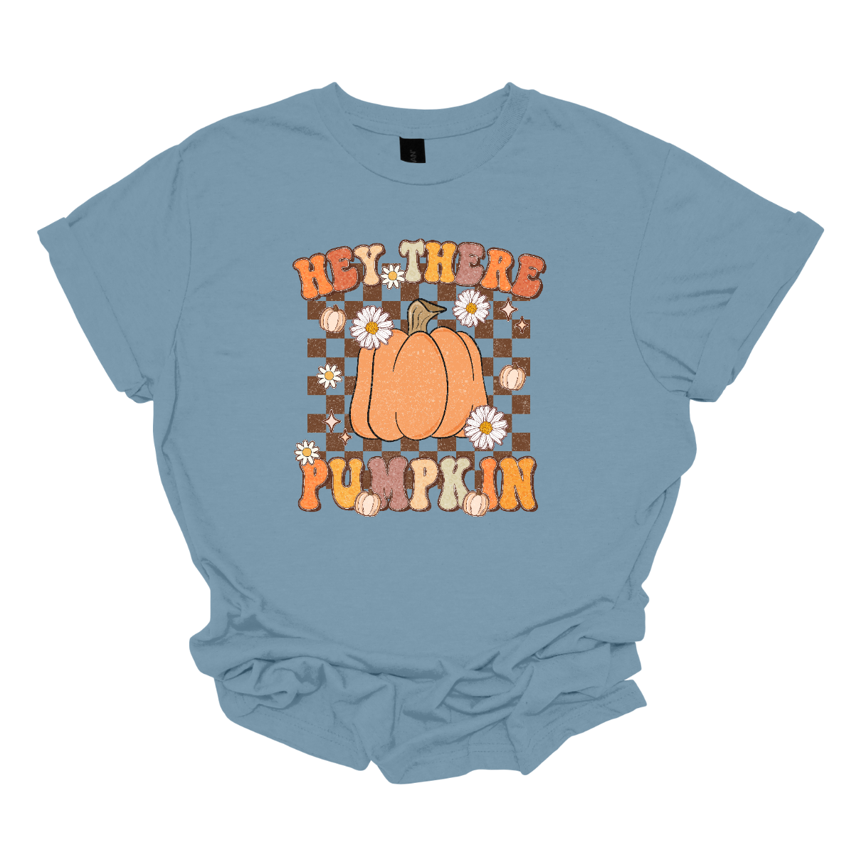 The t-shirt features the cheerful phrase "Hey There Pumpkin" in a retro-styled font that captures the essence of fall. In between the words "Hey There" and "Pumpkin," there is a prominent, large orange pumpkin. This central pumpkin is illustrated in vivid detail, serving as the focal point of the design. Shop Gorgousware.com