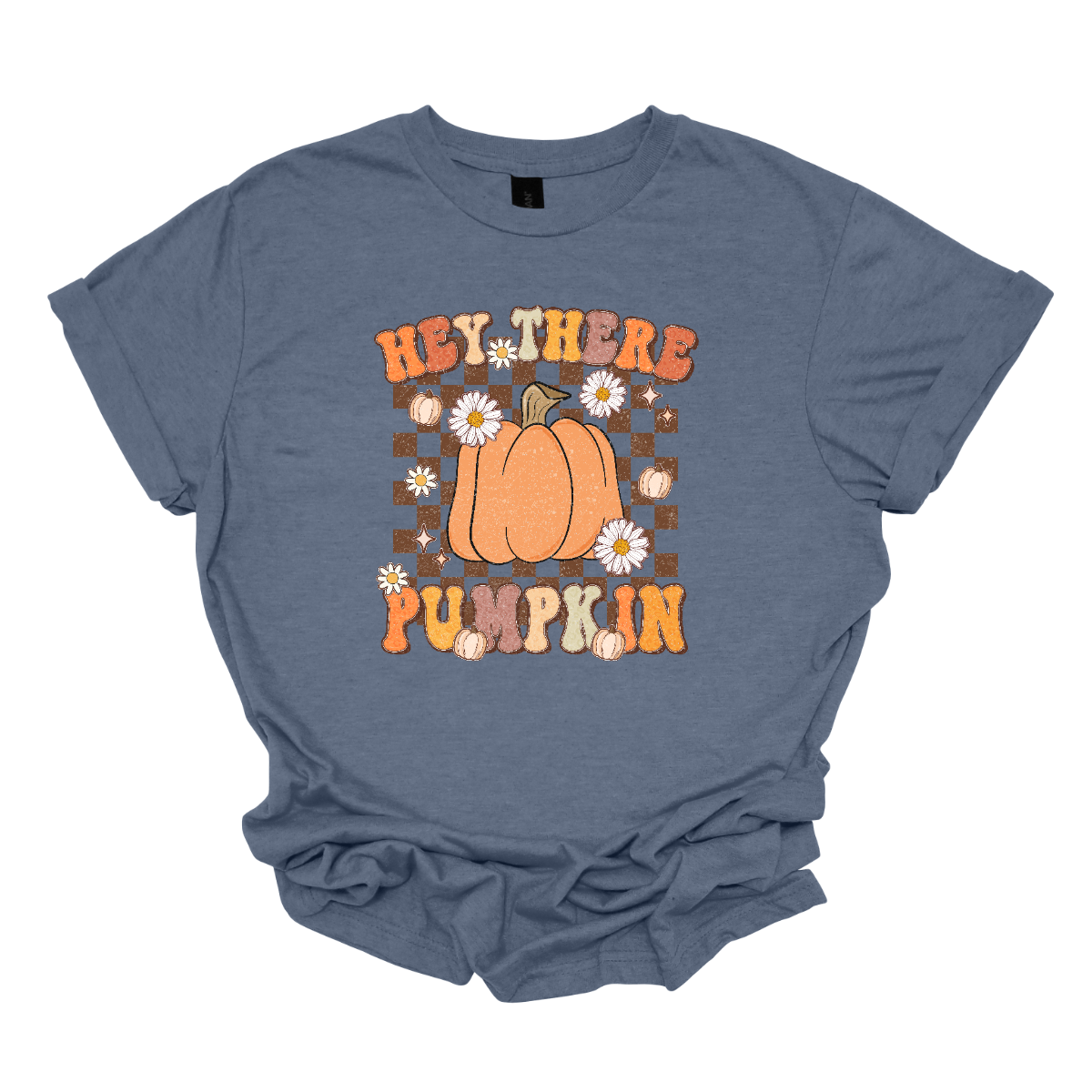 The t-shirt features the cheerful phrase "Hey There Pumpkin" in a retro-styled font that captures the essence of fall. In between the words "Hey There" and "Pumpkin," there is a prominent, large orange pumpkin. This central pumpkin is illustrated in vivid detail, serving as the focal point of the design. Shop Gorgousware.com