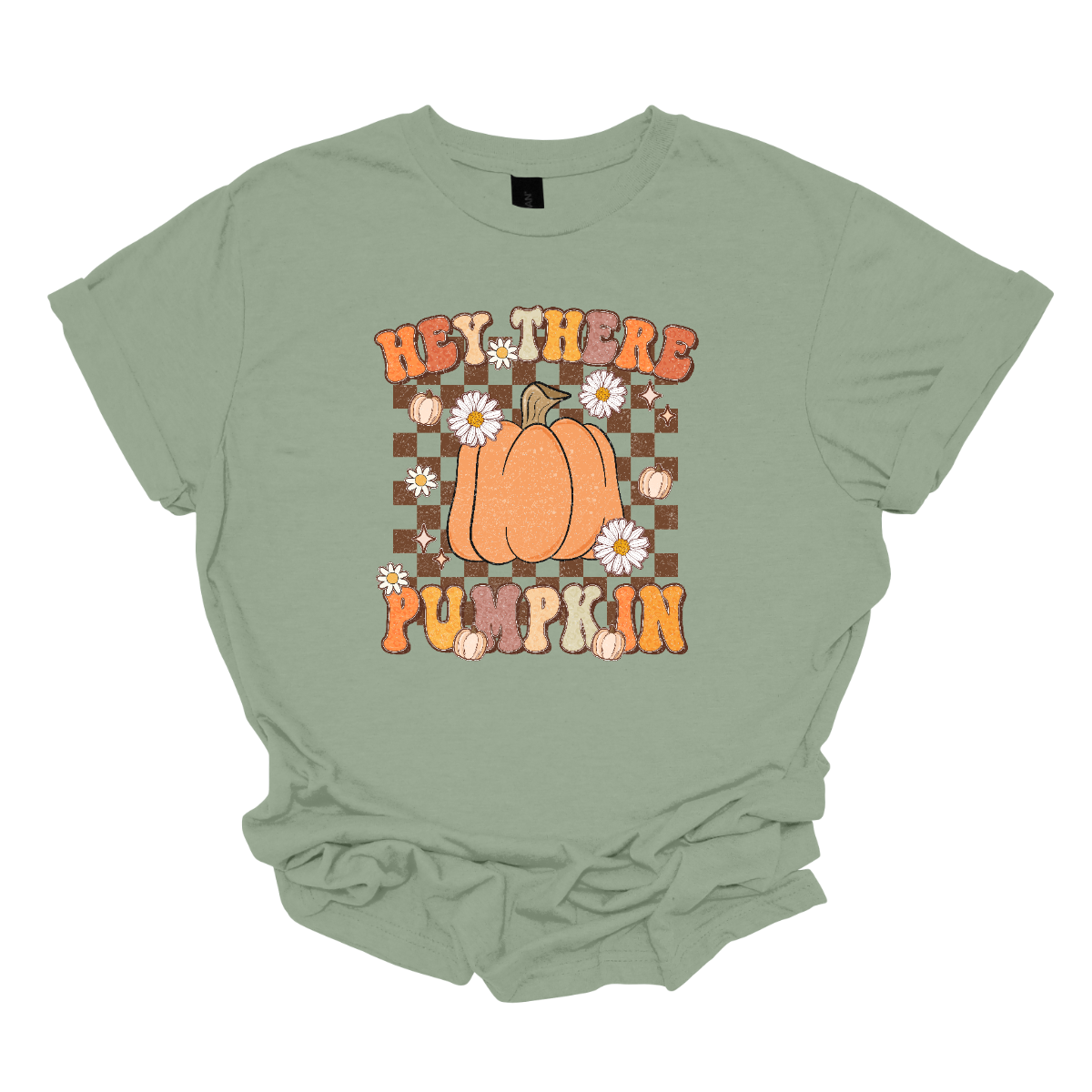 The t-shirt features the cheerful phrase "Hey There Pumpkin" in a retro-styled font that captures the essence of fall. In between the words "Hey There" and "Pumpkin," there is a prominent, large orange pumpkin. This central pumpkin is illustrated in vivid detail, serving as the focal point of the design. Shop Gorgousware.com