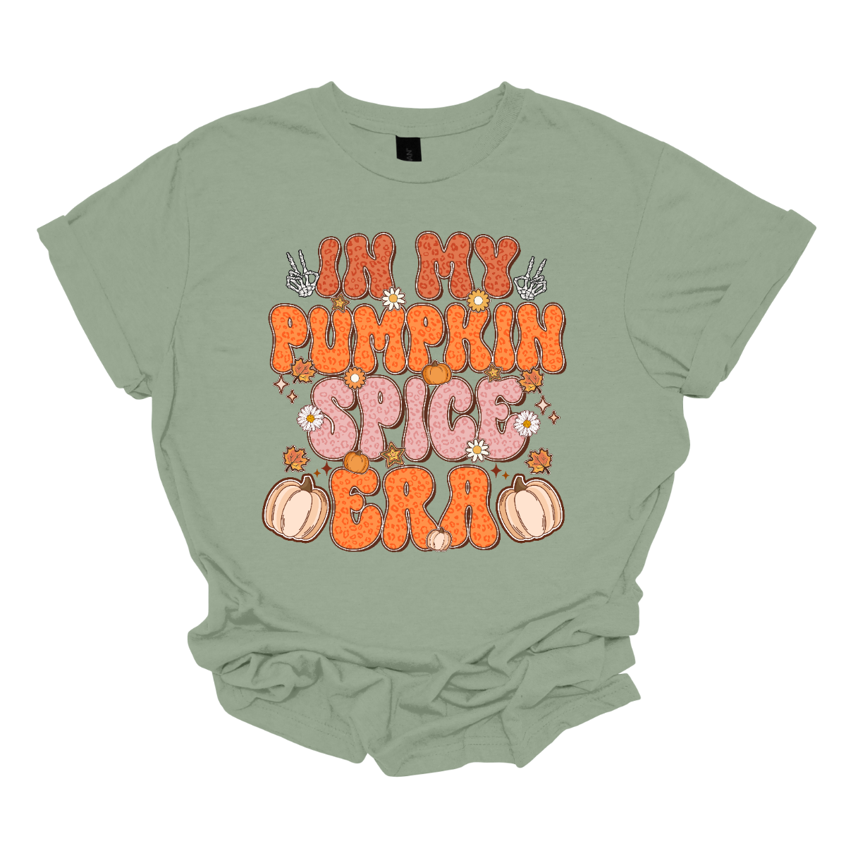 The t-shirt features the phrase "In My Pumpkin Spice Era" in a bold and playful retro font. The text is styled in a vibrant cheetah print pattern, alternating between shades of orange and pink to create a dynamic and eye-catching effect that evokes the warmth and fun of the fall season. Shop Gorgeousware.com