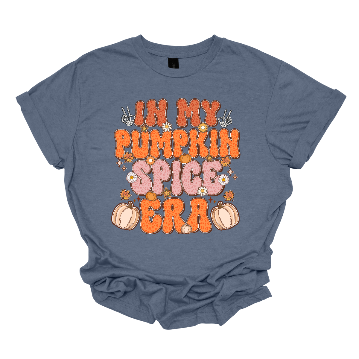 The t-shirt features the phrase "In My Pumpkin Spice Era" in a bold and playful retro font. The text is styled in a vibrant cheetah print pattern, alternating between shades of orange and pink to create a dynamic and eye-catching effect that evokes the warmth and fun of the fall season. Shop Gorgeousware.com